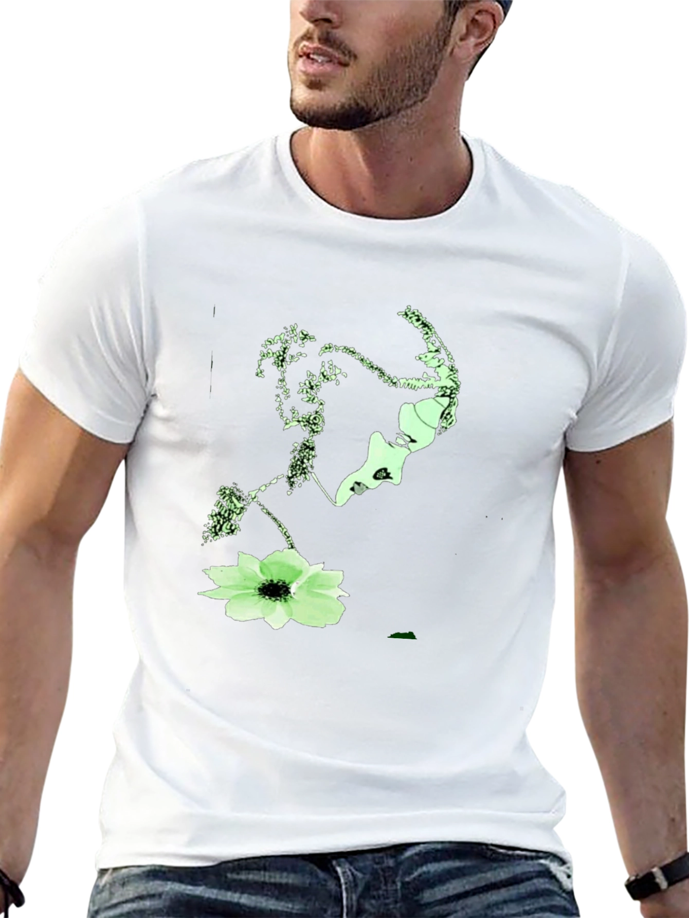 Abstract Face & Floral Print Black T-Shirt