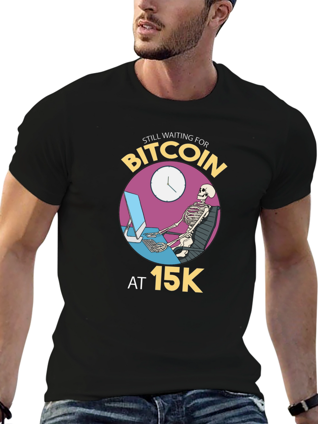 Bitcoin Waiting Skeleton Black T-Shirt