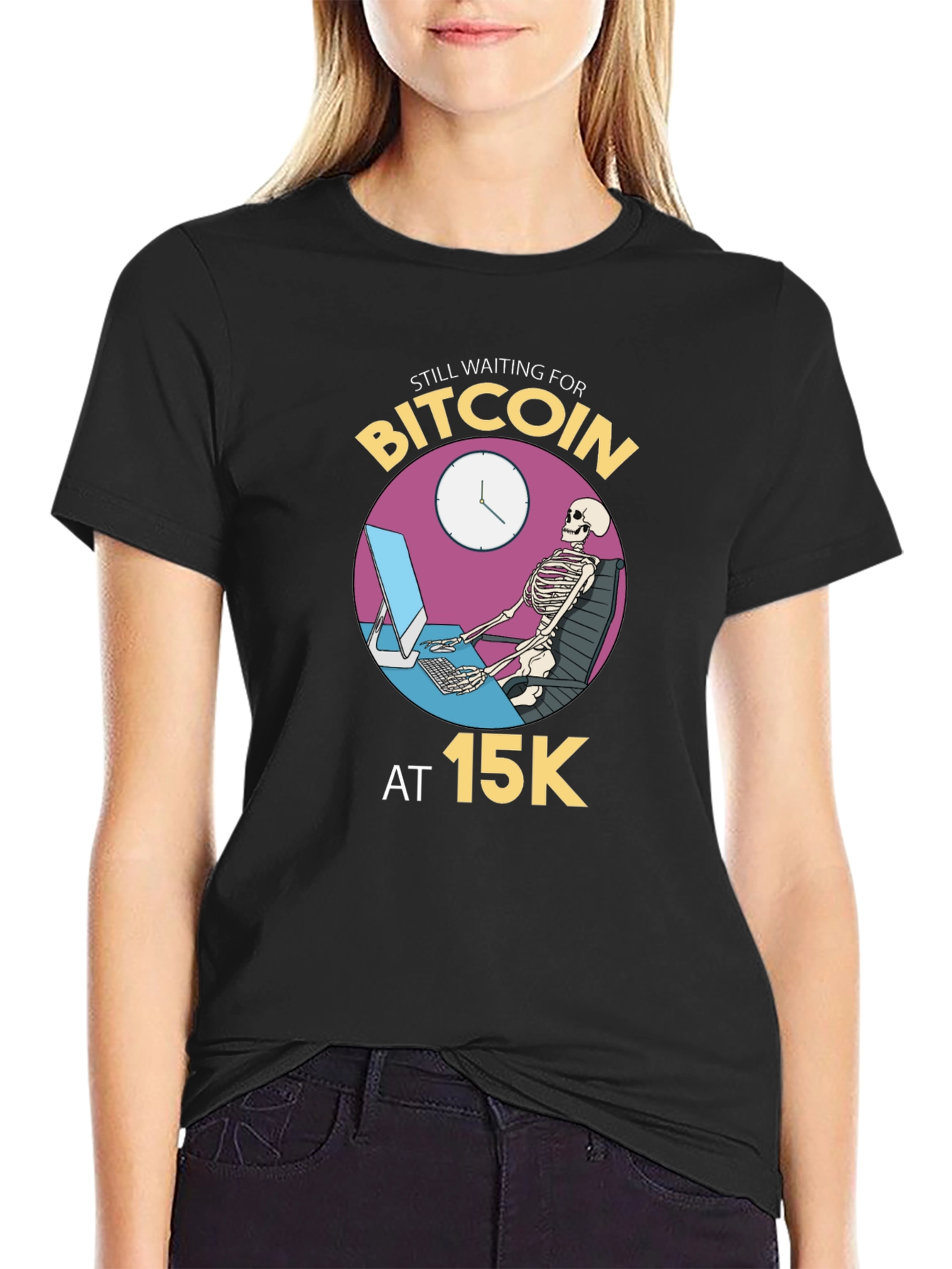 Bitcoin Waiting Skeleton Black T-Shirt