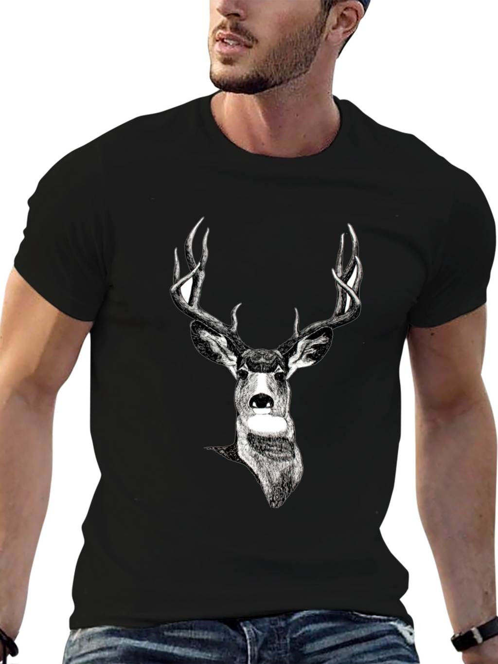 Deer Graphic Print Black Tee