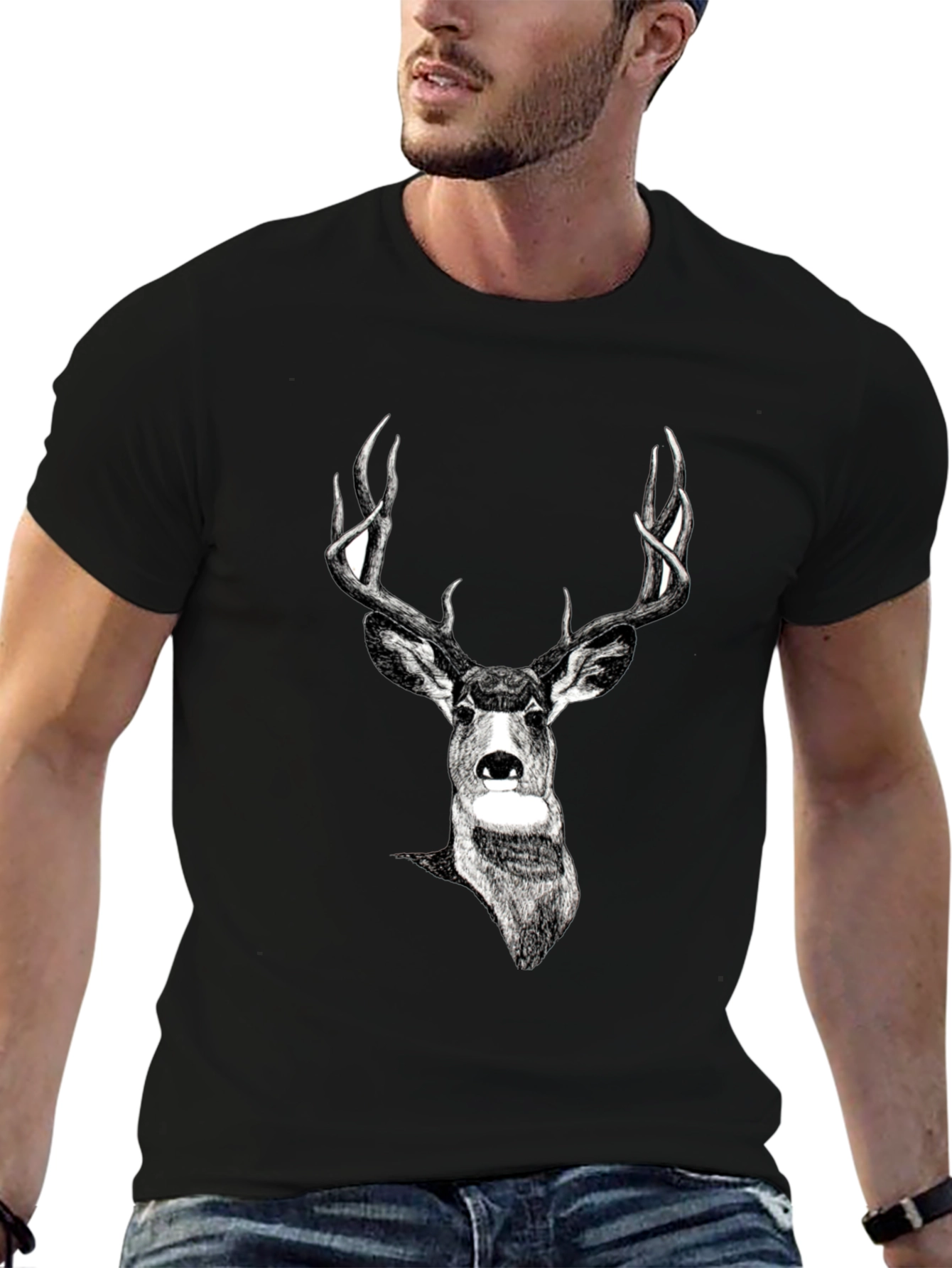 Deer Graphic Print Black Tee
