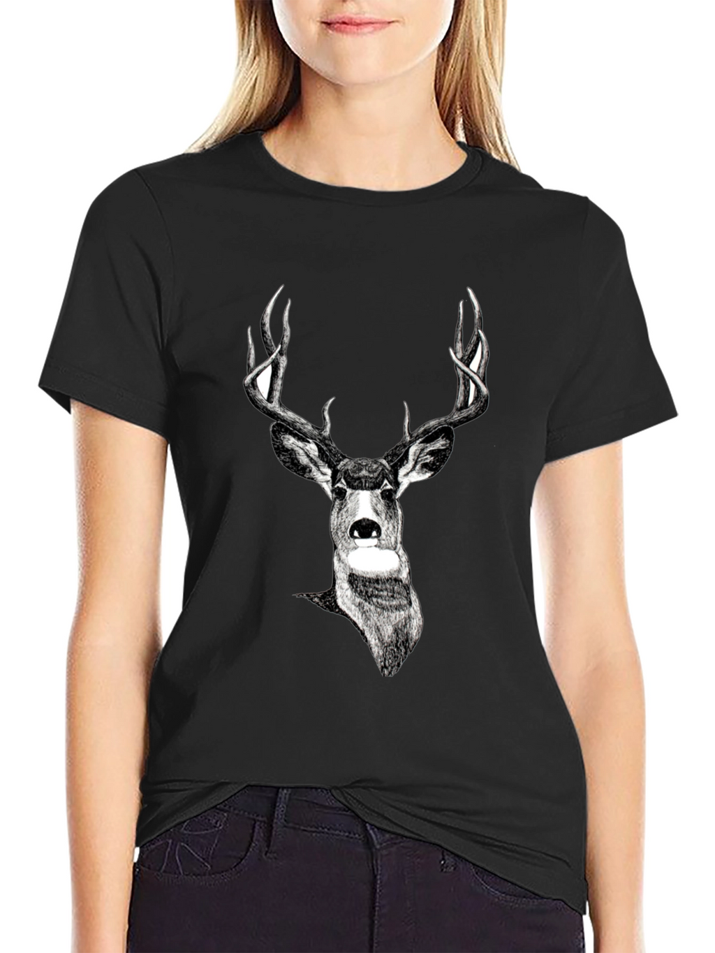 Deer Graphic Print Black Tee