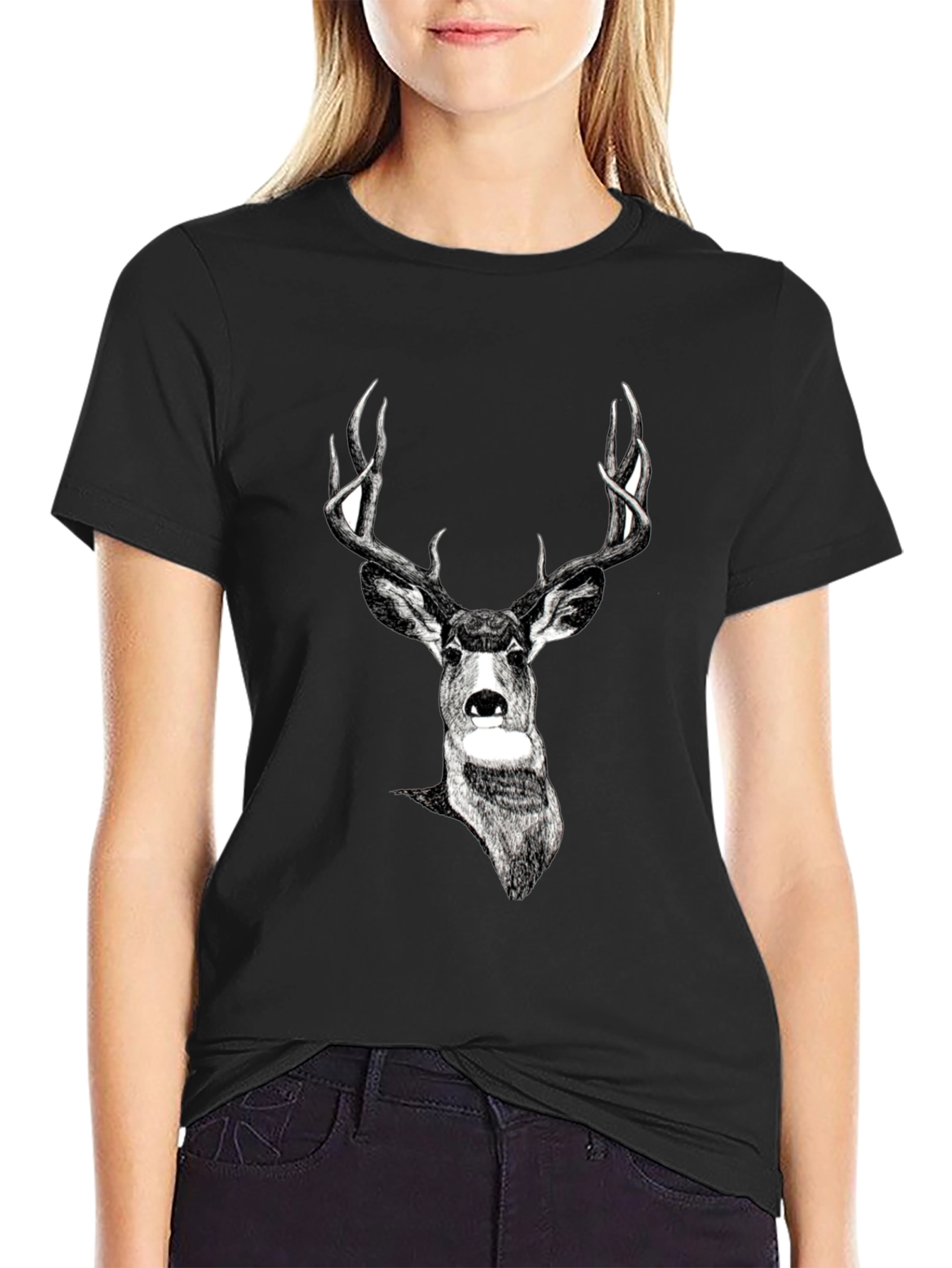 Deer Graphic Print Black Tee
