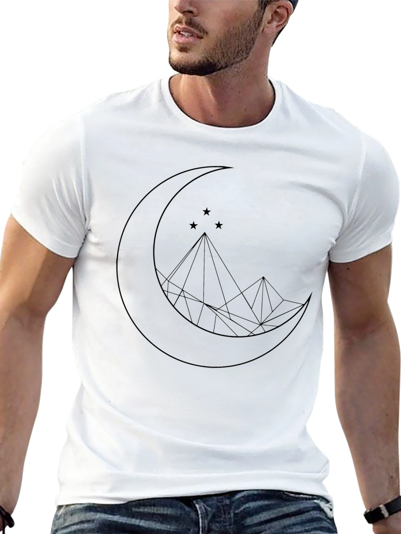 Geometric Moon & Mountain Graphic Tee - Black