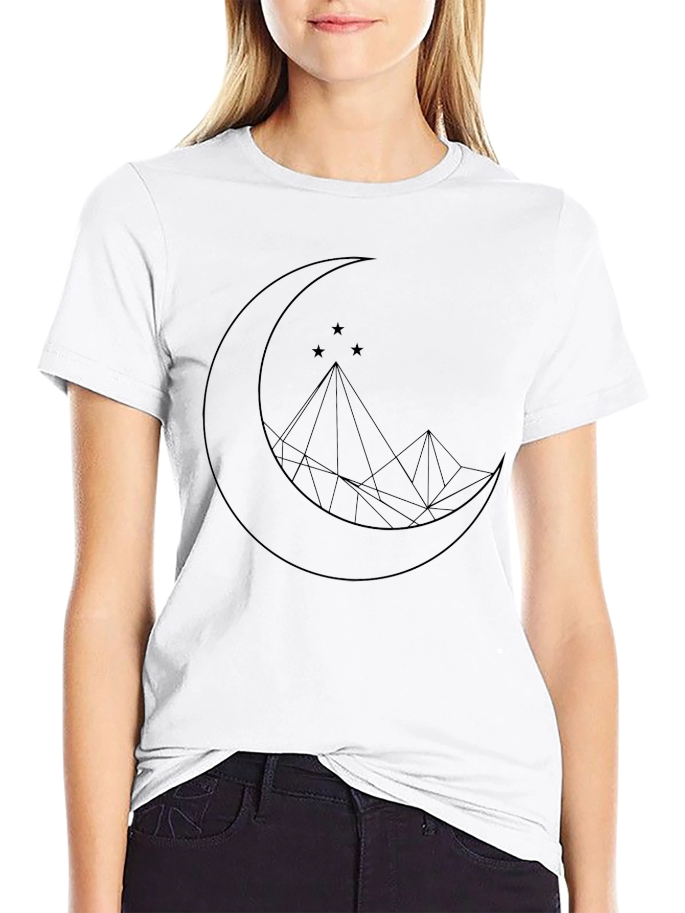 Geometric Moon & Mountain Graphic Tee - Black