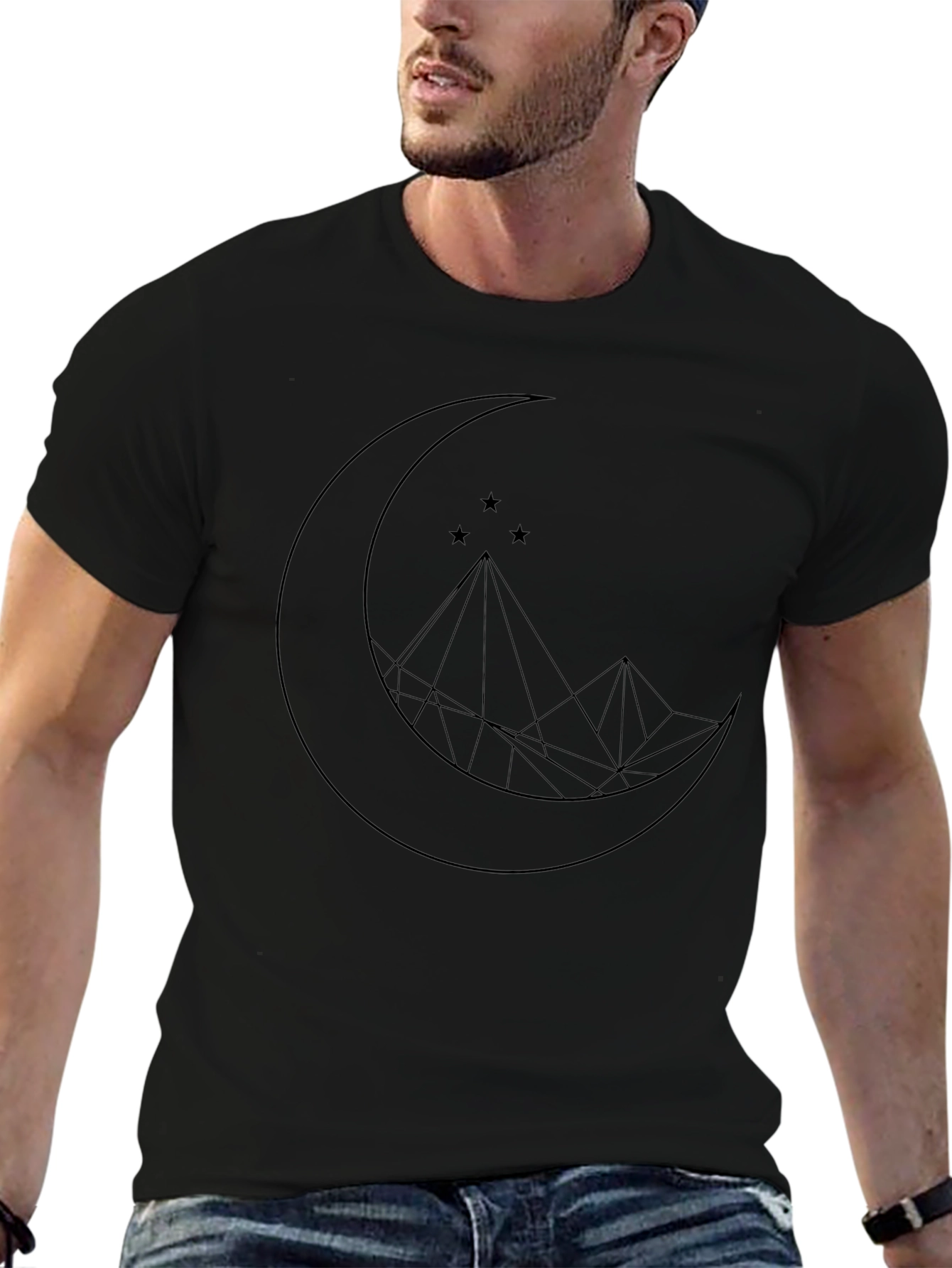 Geometric Moon & Mountain Graphic Tee - Black