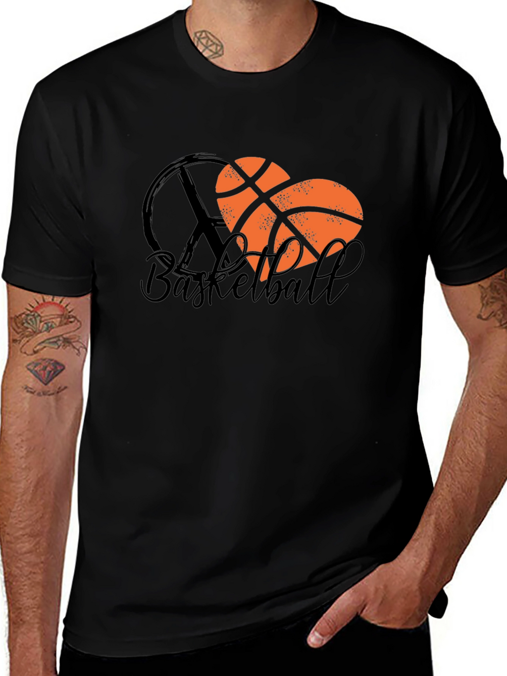 Basketball Heart Peace Sign Black T-Shirt