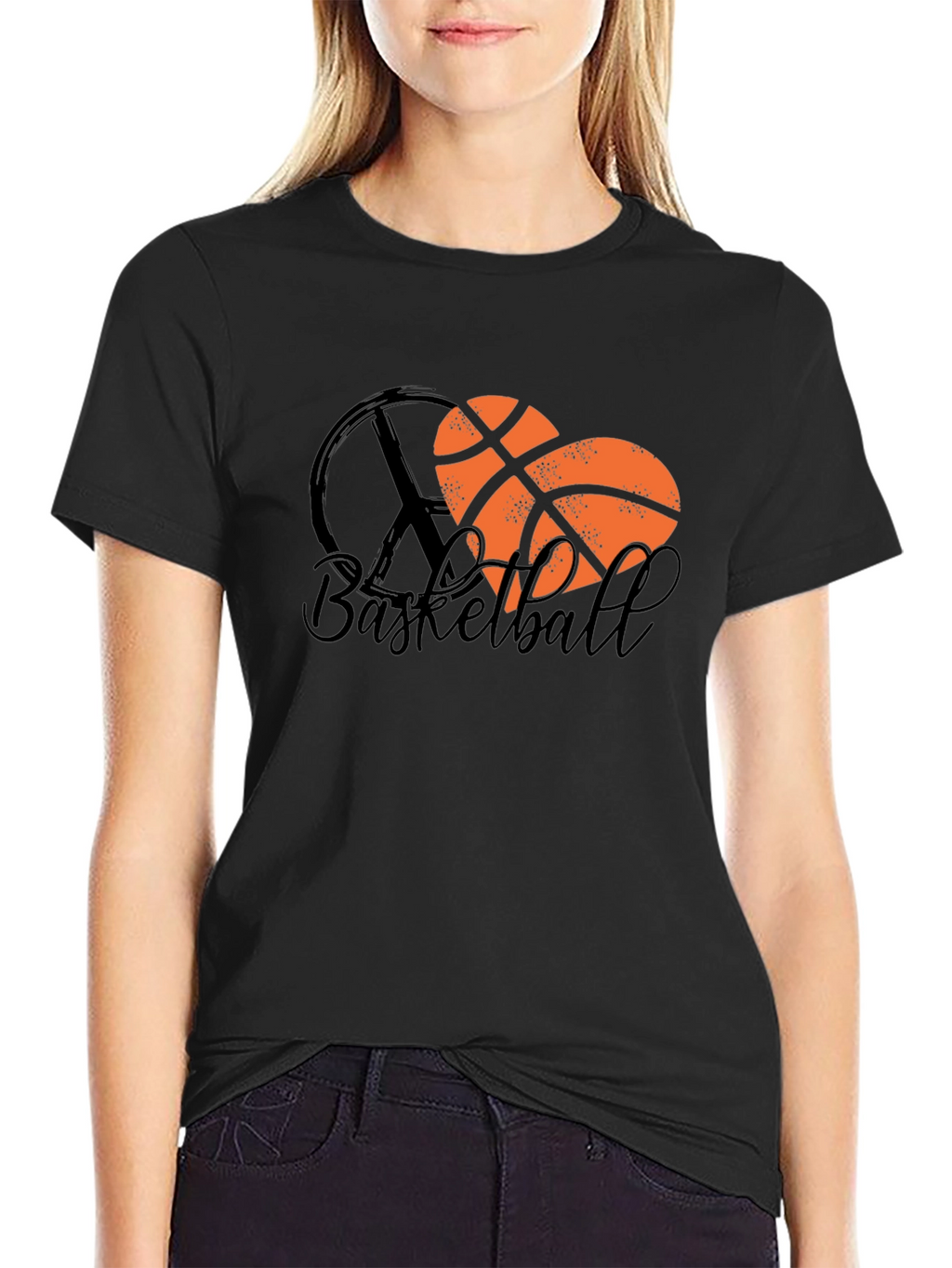 Basketball Heart Peace Sign Black T-Shirt