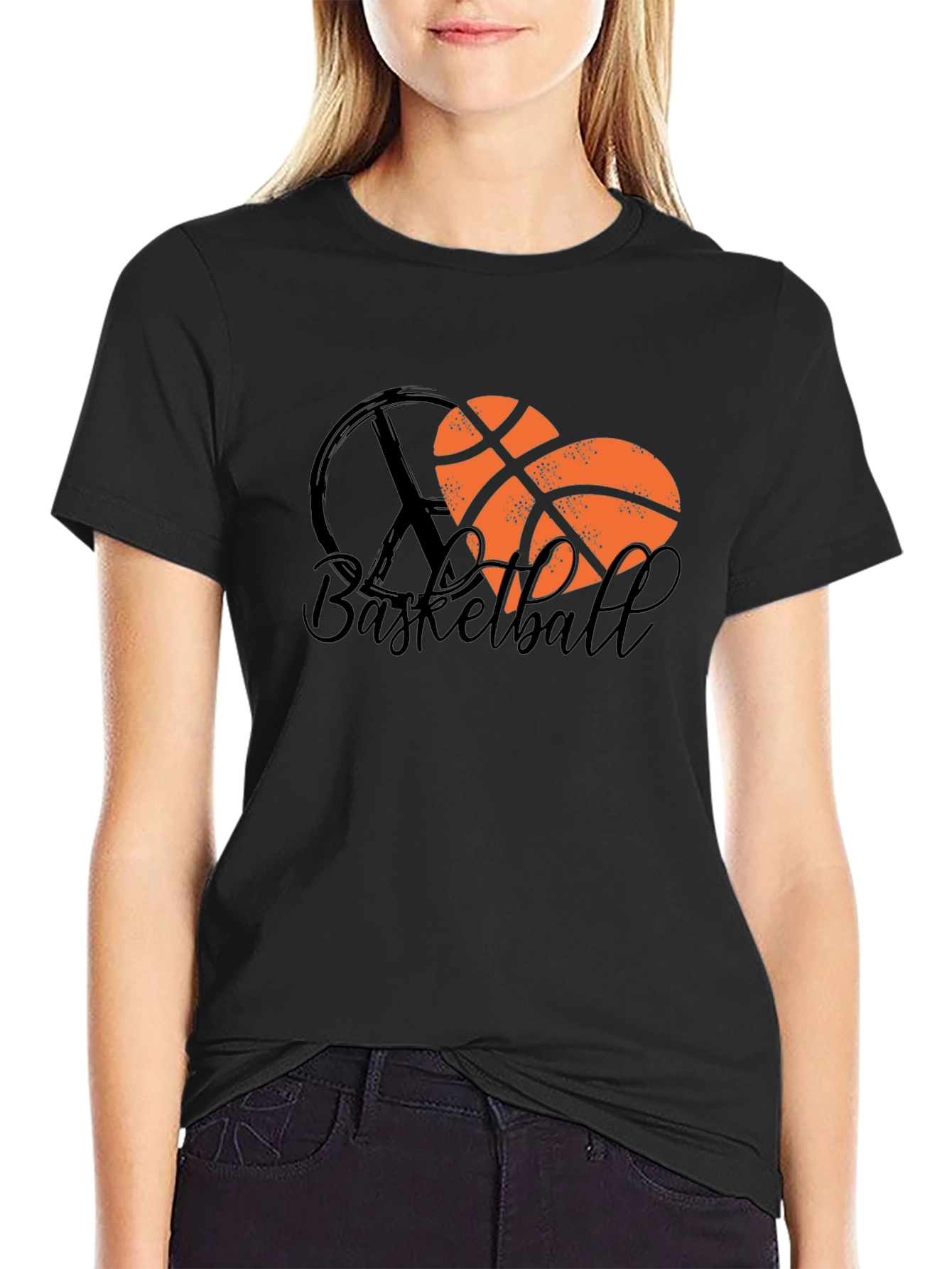 Basketball Heart Peace Sign Black T-Shirt