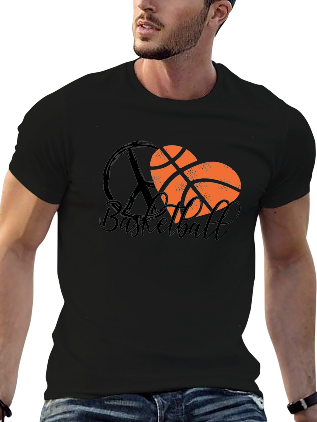 Basketball Heart Peace Sign Black T-Shirt