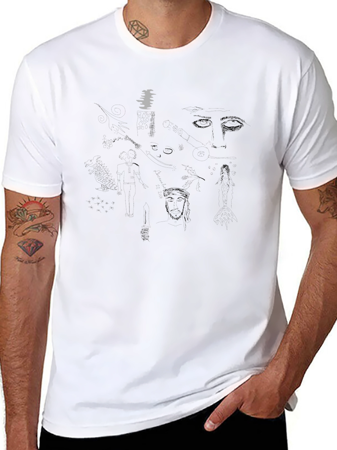 Abstract Sketch Print Black T-Shirt