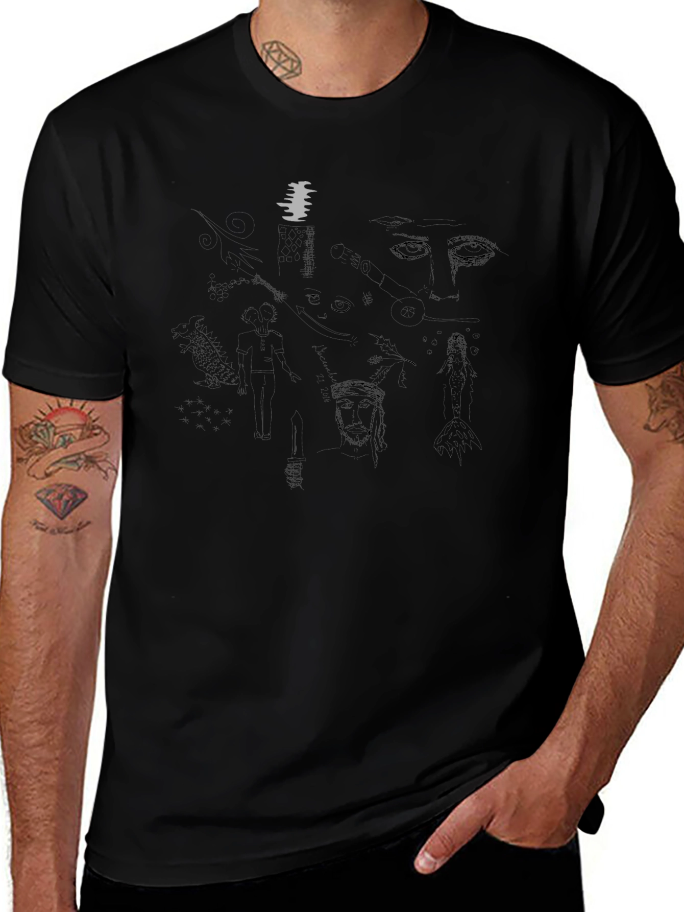 Abstract Sketch Print Black T-Shirt