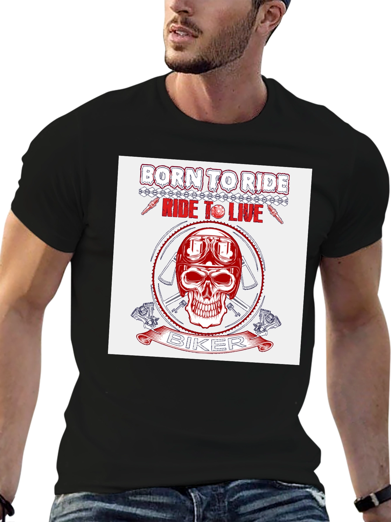 Biker Skull Graphic T-Shirt - Ride to Live Design