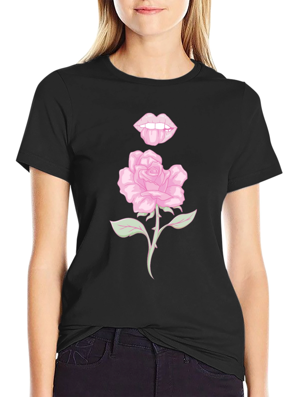 Rose Lips Graphic Black T-Shirt