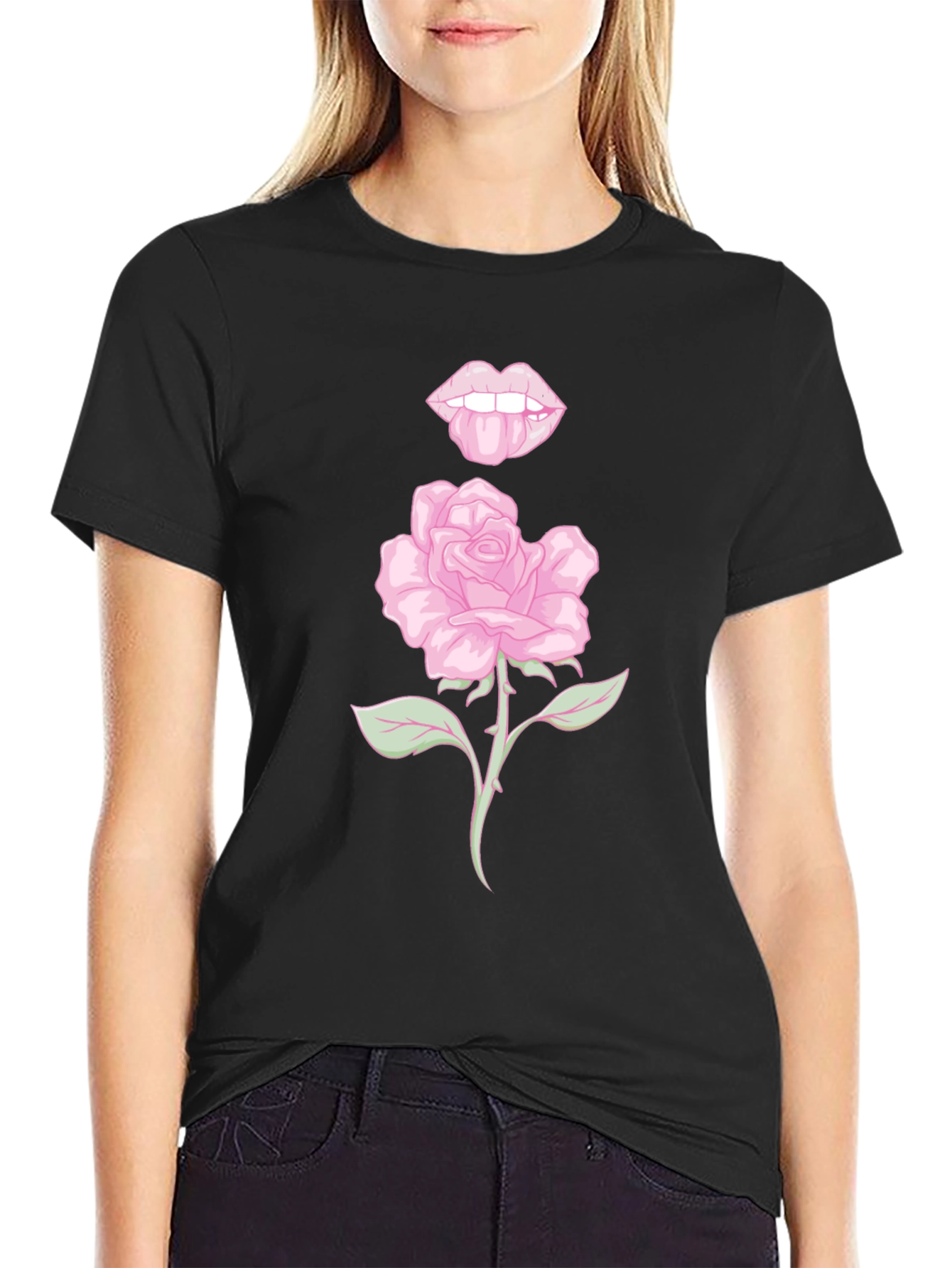 Rose Lips Graphic Black T-Shirt