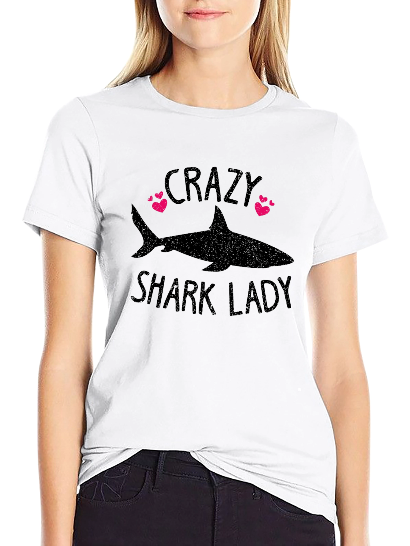 Crazy Shark Lady Black Graphic T-Shirt