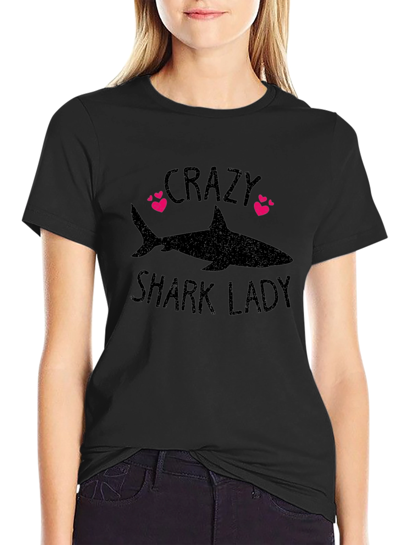 Crazy Shark Lady Black Graphic T-Shirt