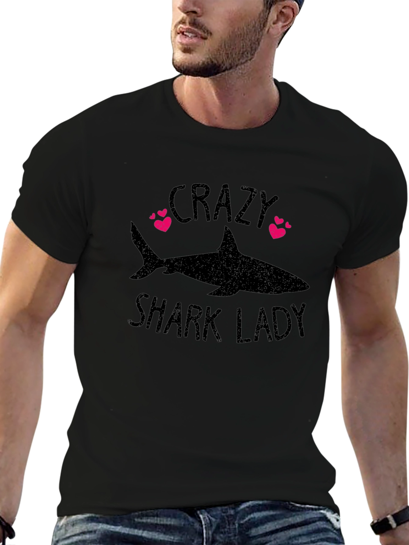 Crazy Shark Lady Black Graphic T-Shirt