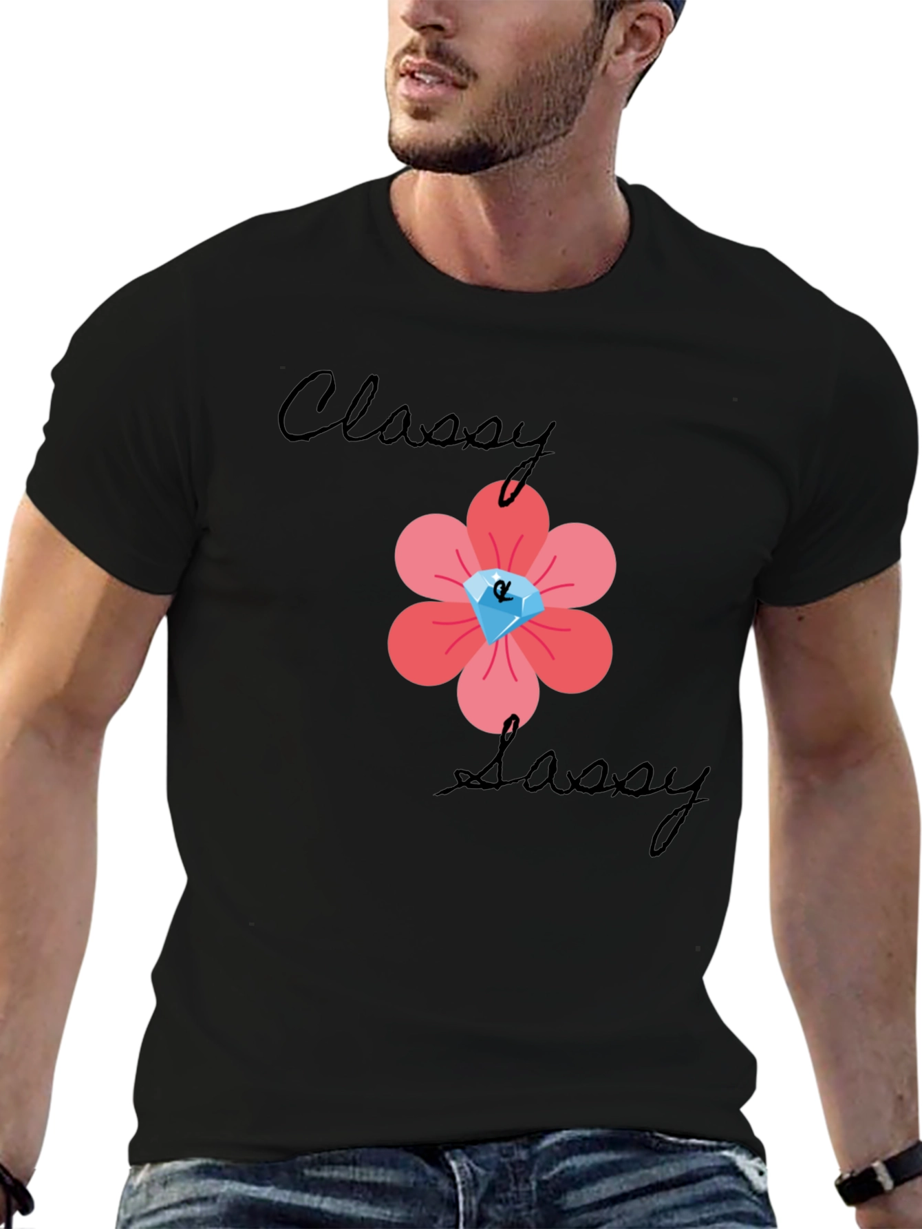 Classy Sassy Black T-Shirt with Floral Gem Design