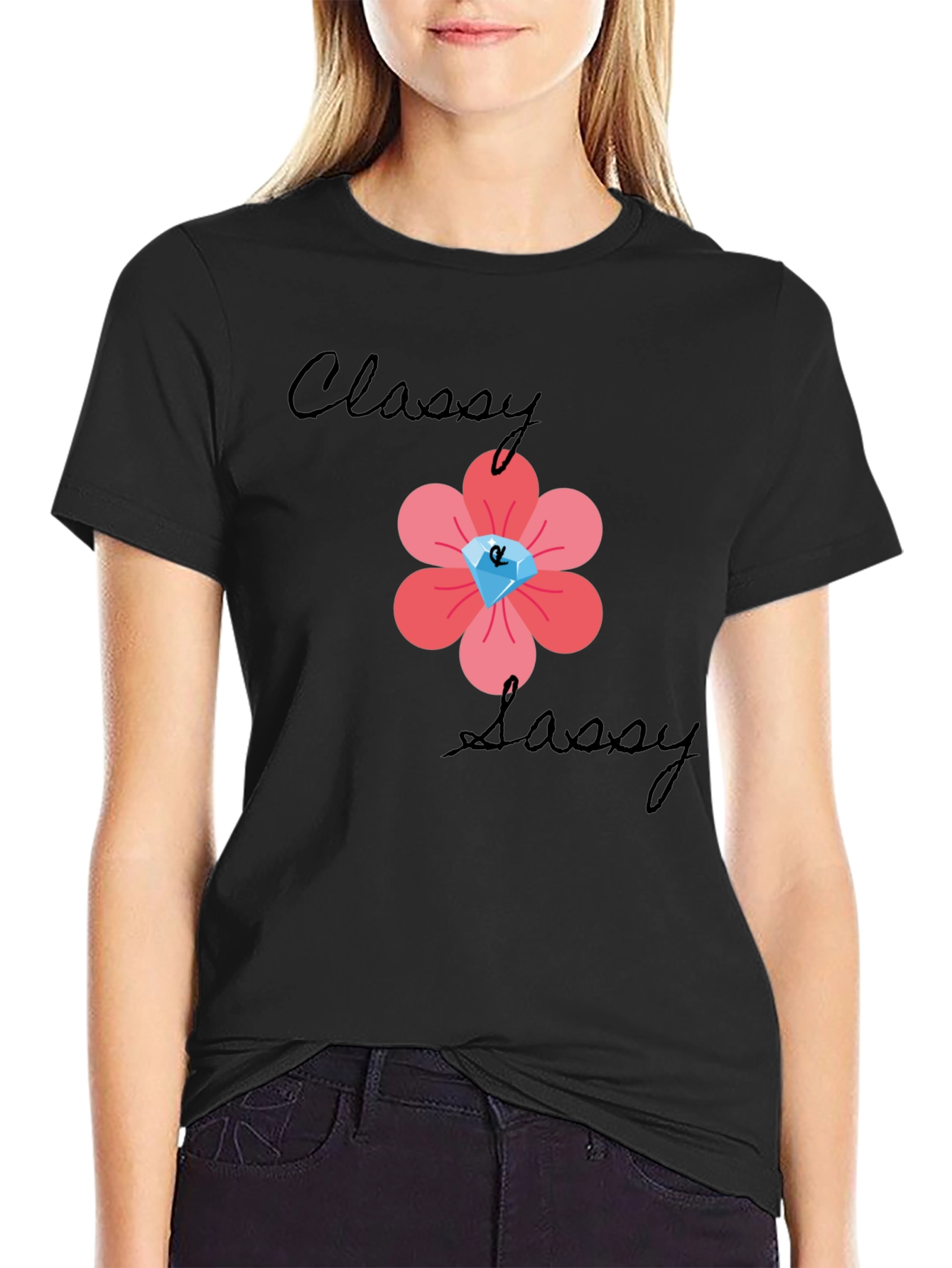 Classy Sassy Black T-Shirt with Floral Gem Design