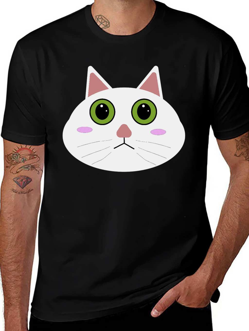 Cute Cartoon Cat Face Black T-Shirt