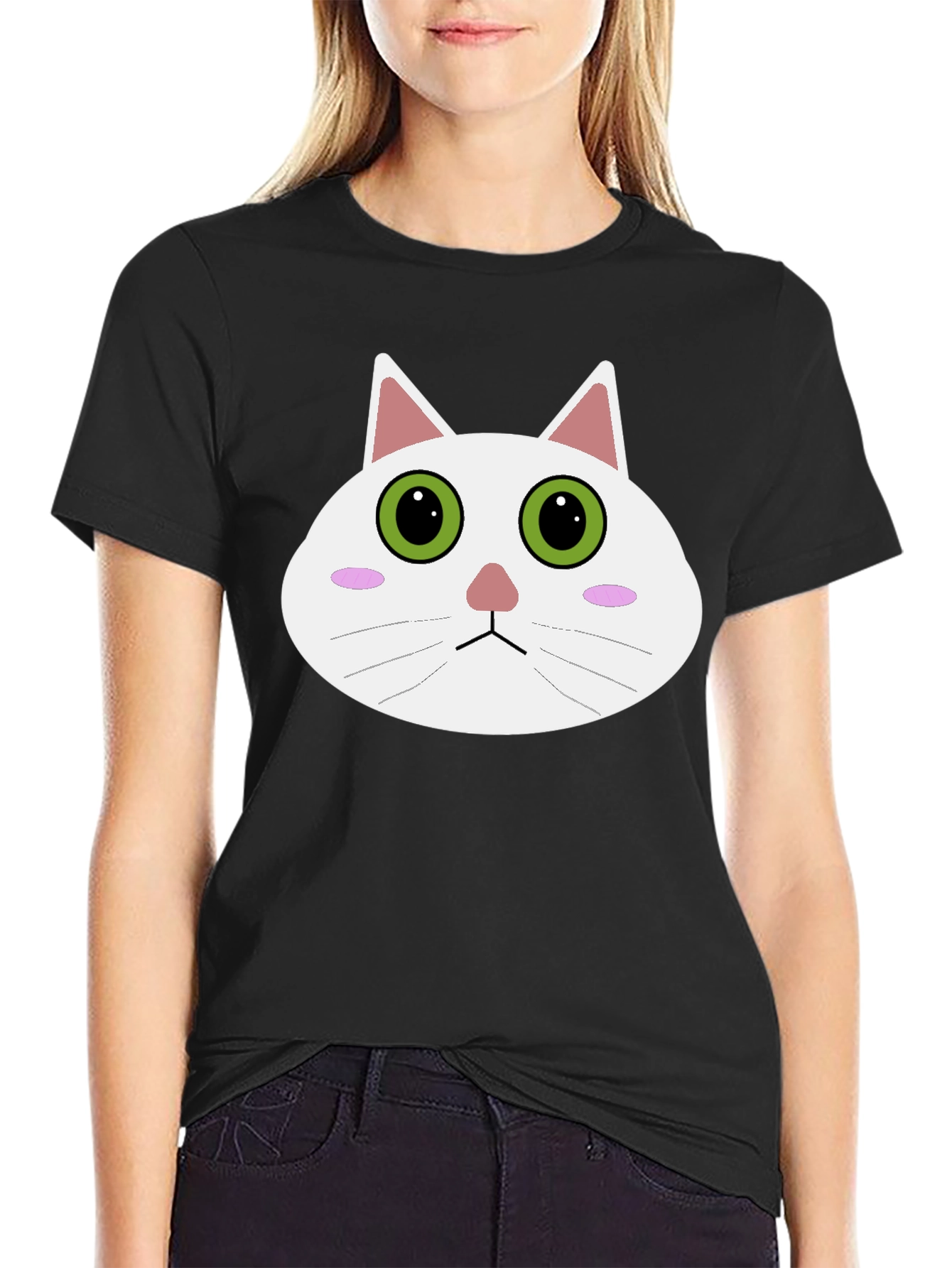 Cute Cartoon Cat Face Black T-Shirt