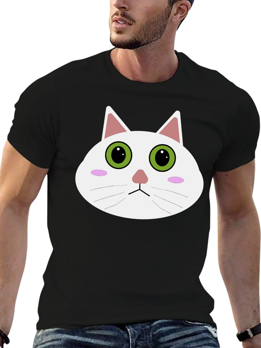 Cute Cartoon Cat Face Black T-Shirt