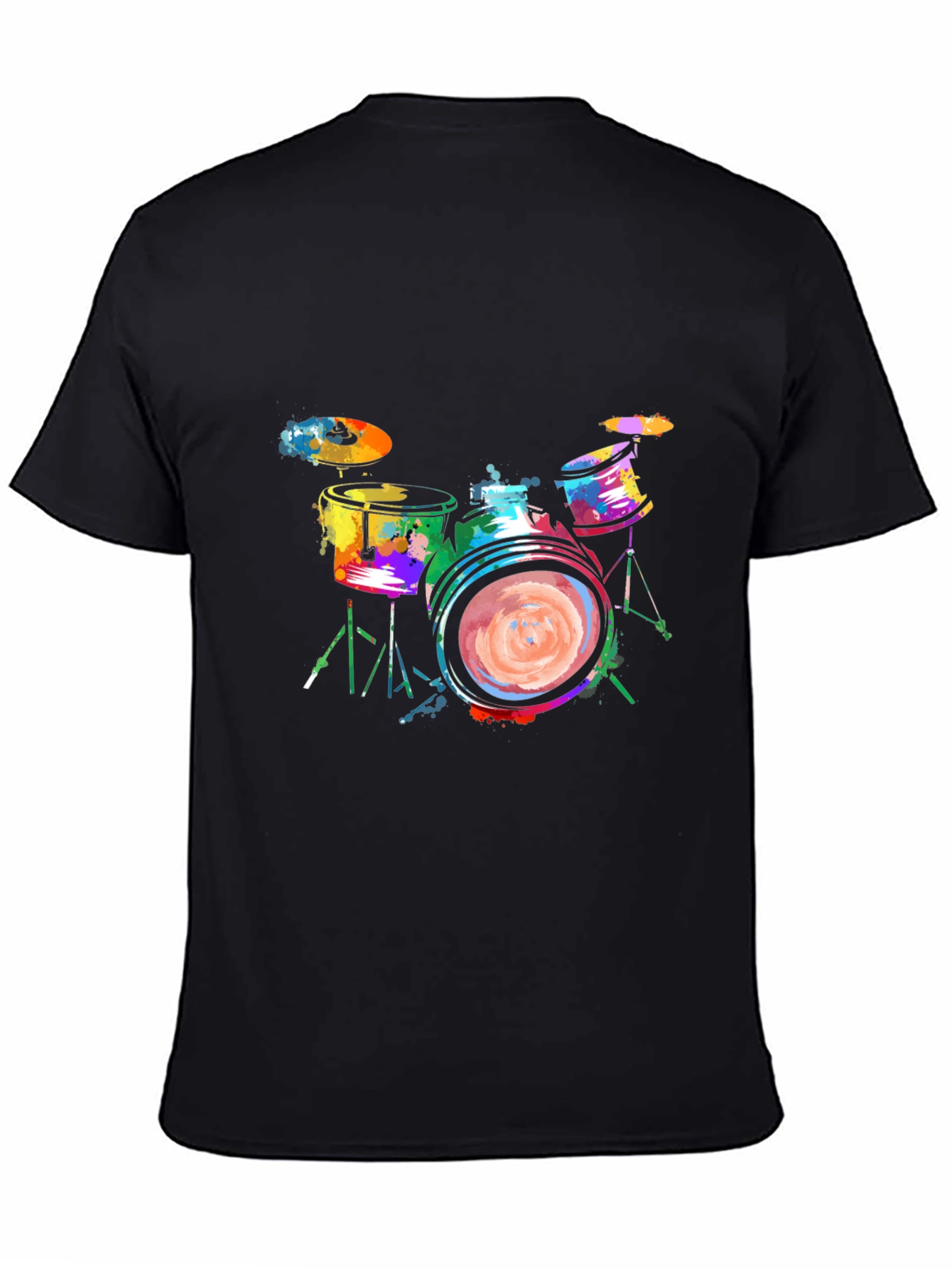 Colorful Drums Graphic Tee - Black Cotton T-Shirt