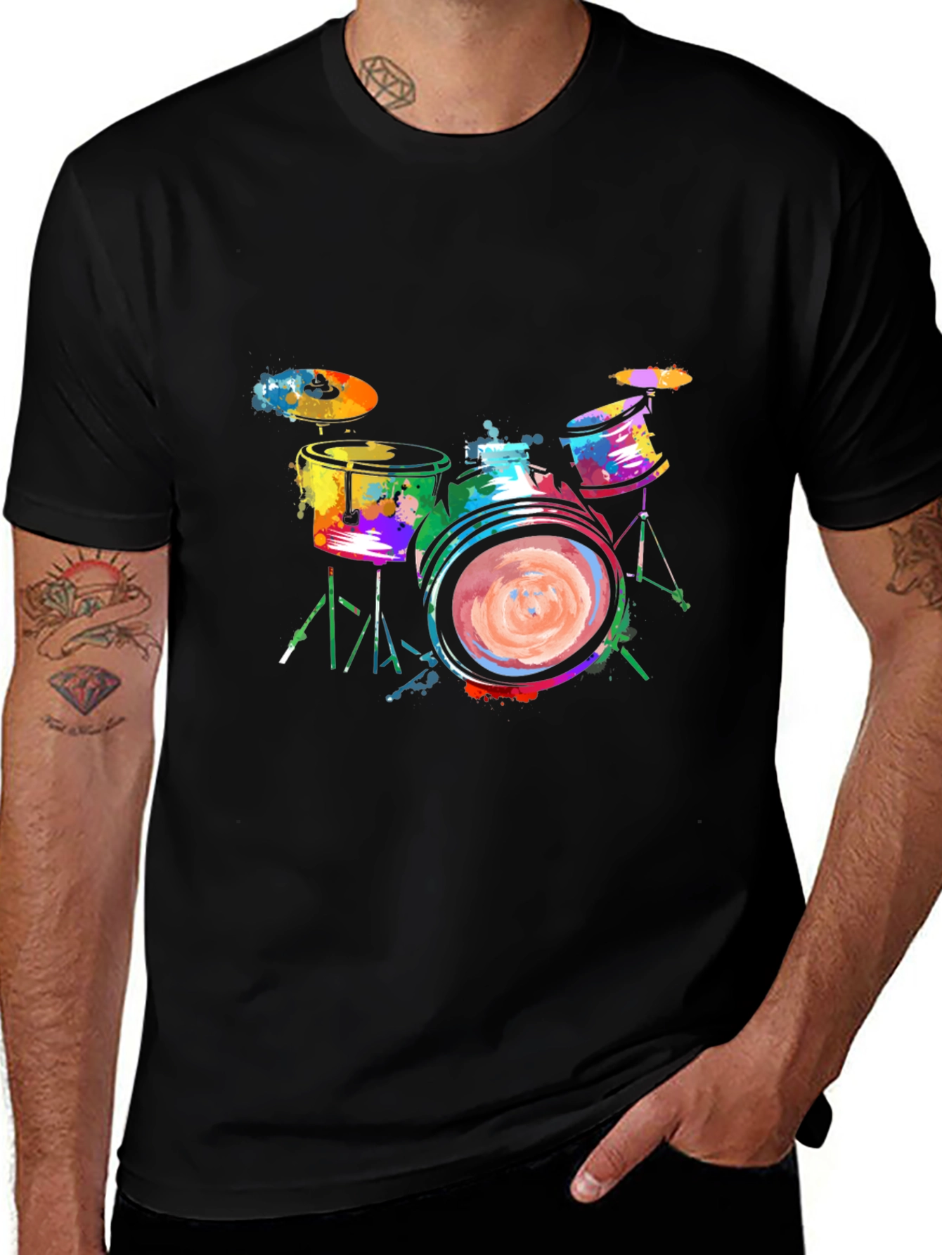 Colorful Drums Graphic Tee - Black Cotton T-Shirt