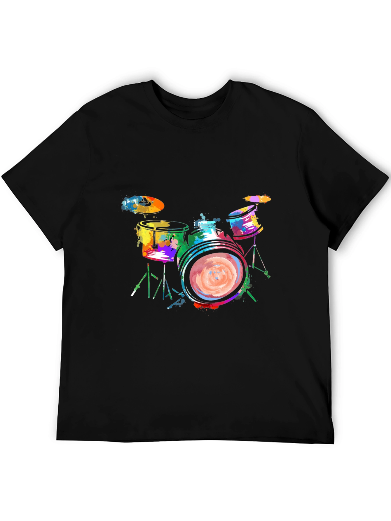 Colorful Drums Graphic Tee - Black Cotton T-Shirt