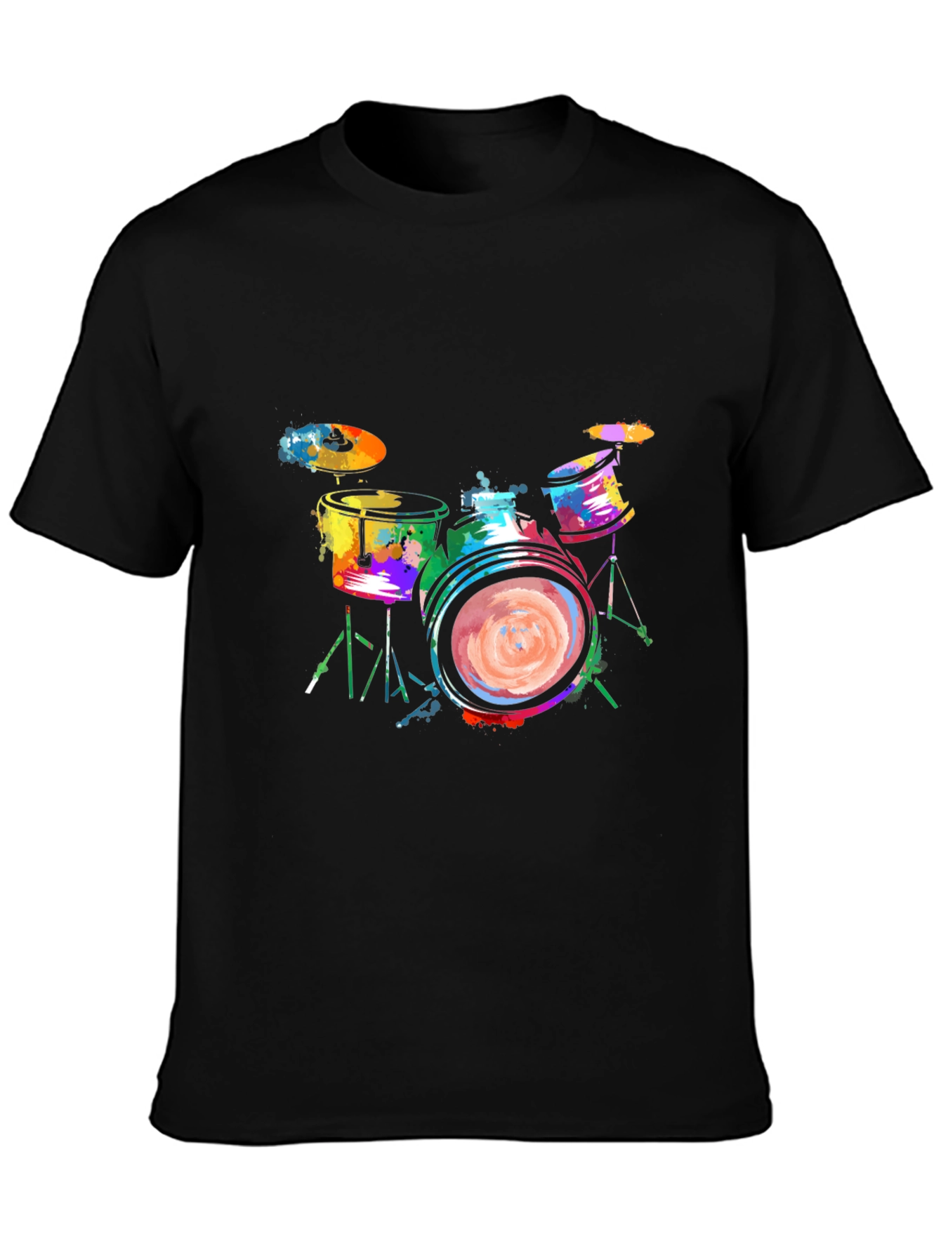 Colorful Drums Graphic Tee - Black Cotton T-Shirt