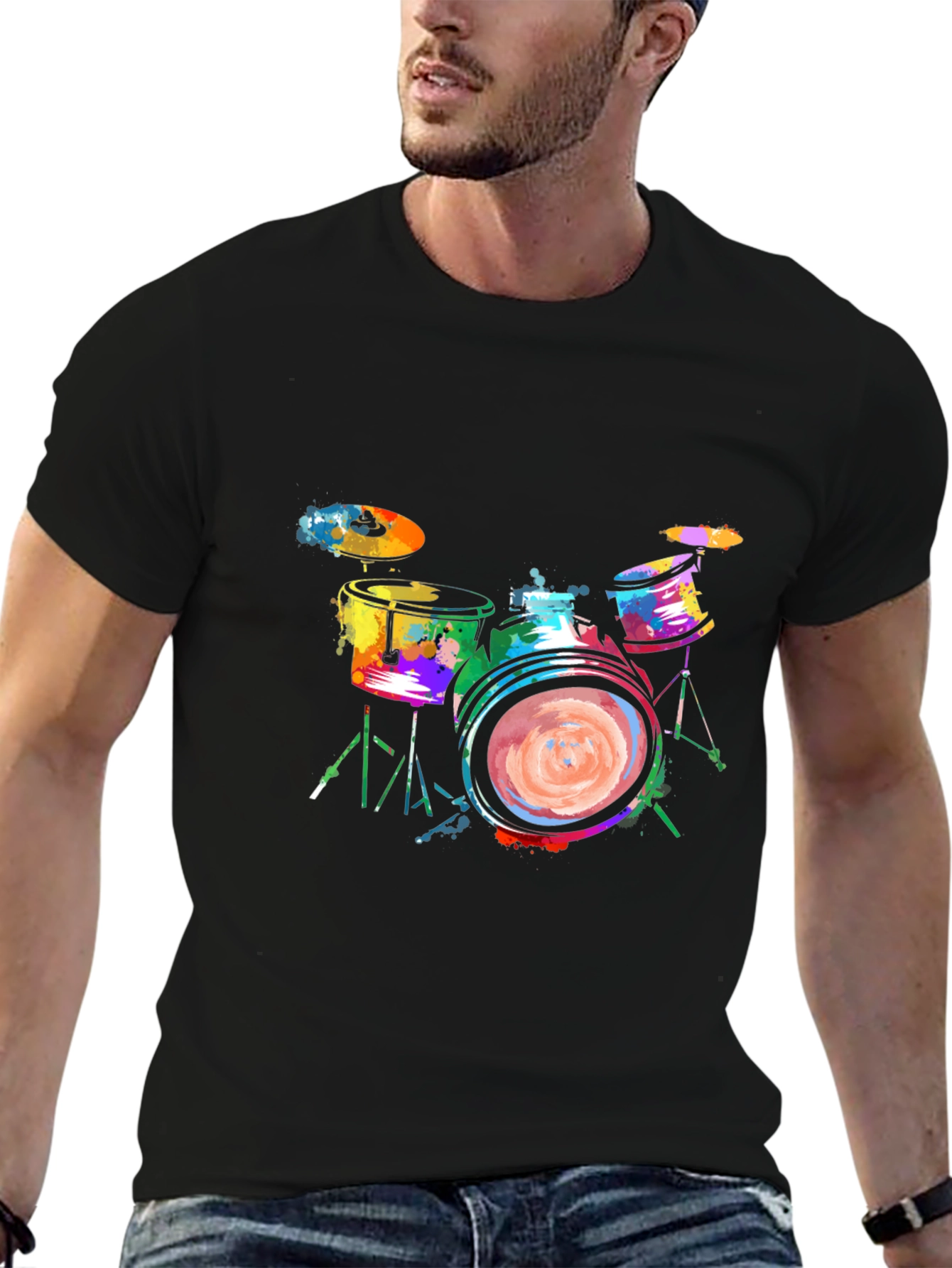 Colorful Drums Graphic Tee - Black Cotton T-Shirt