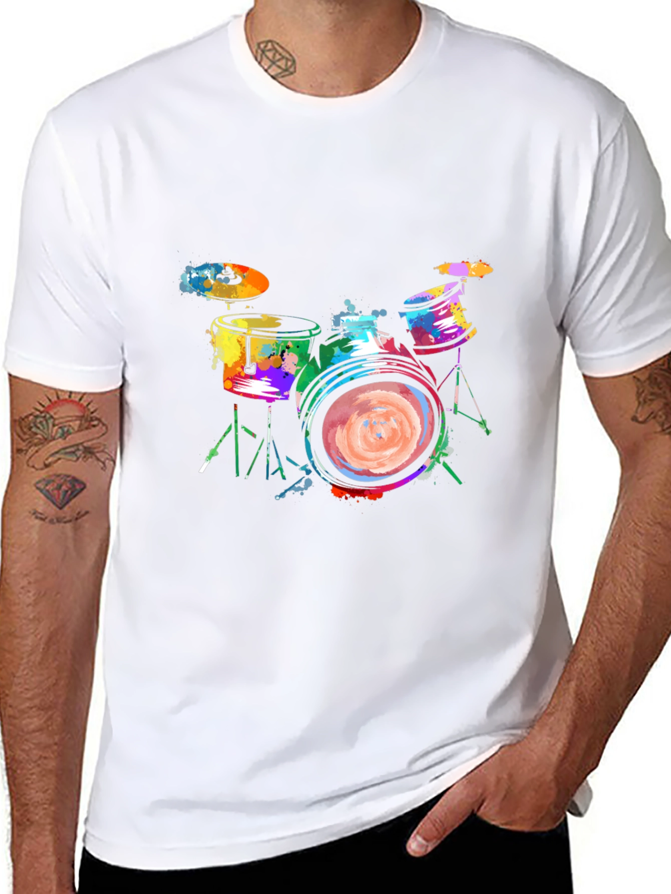 Colorful Drums Graphic Tee - Black Cotton T-Shirt