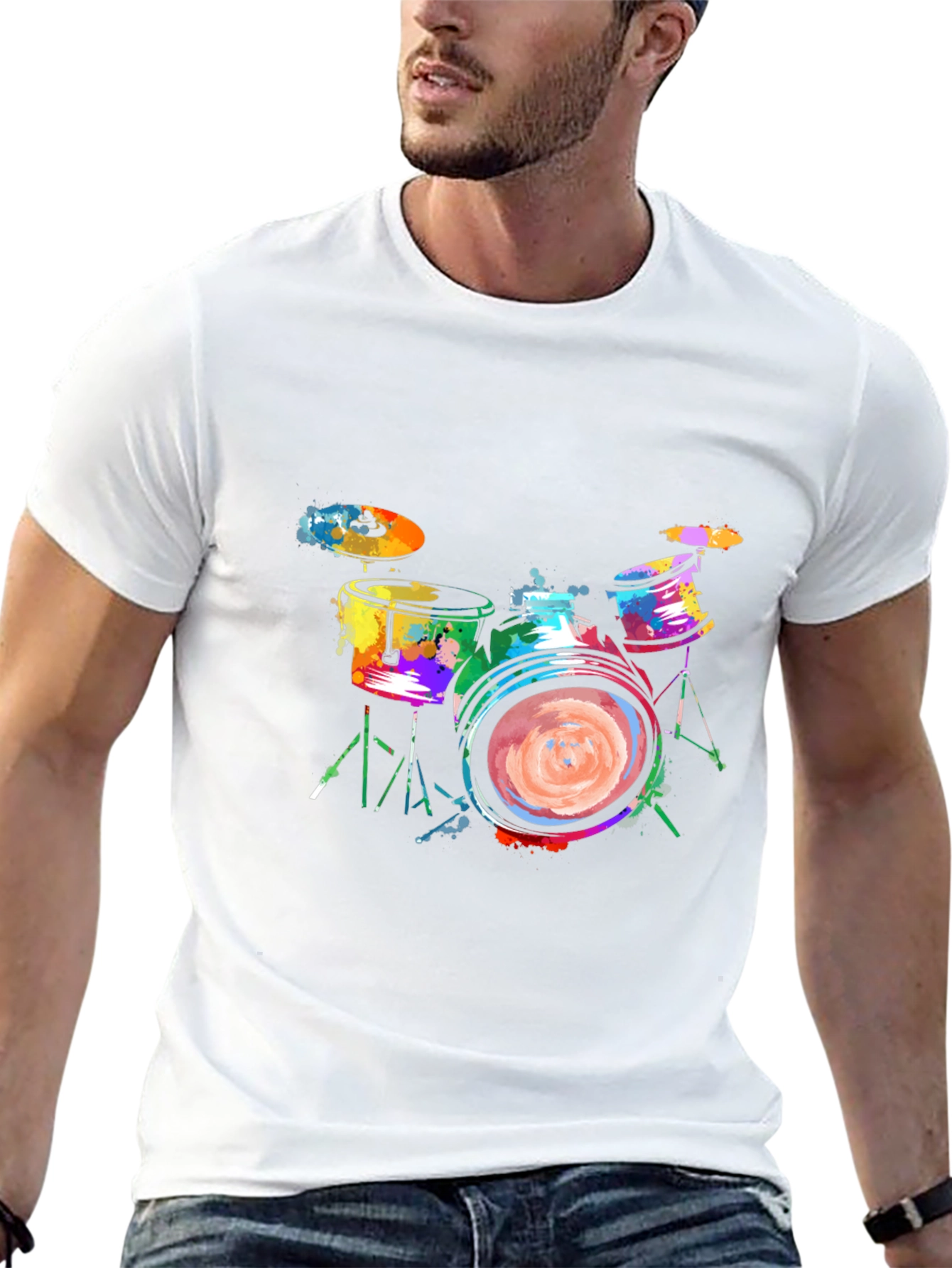 Colorful Drums Graphic Tee - Black Cotton T-Shirt