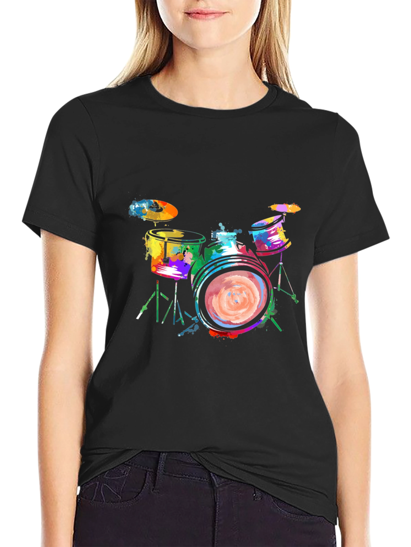 Colorful Drums Graphic Tee - Black Cotton T-Shirt
