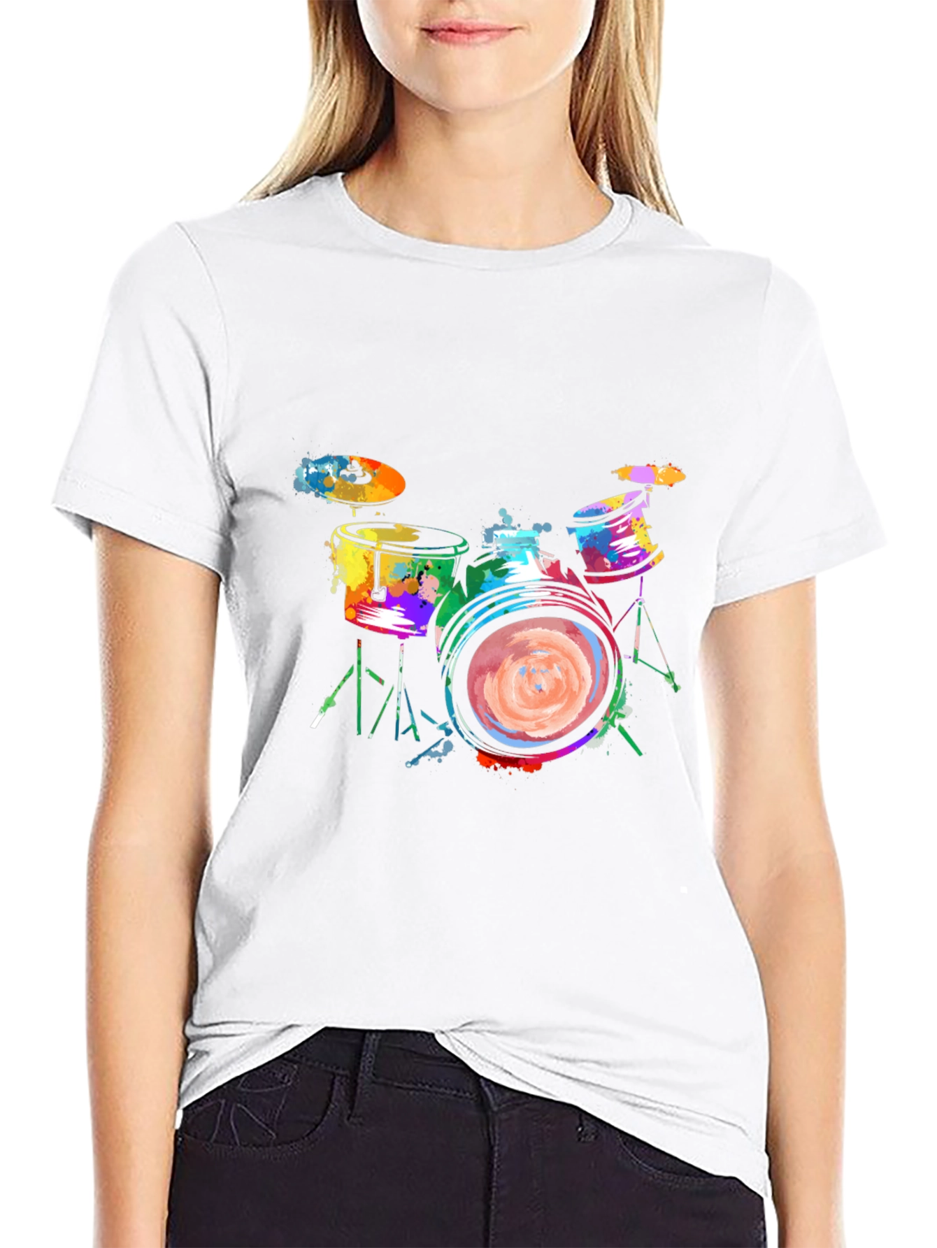 Colorful Drums Graphic Tee - Black Cotton T-Shirt
