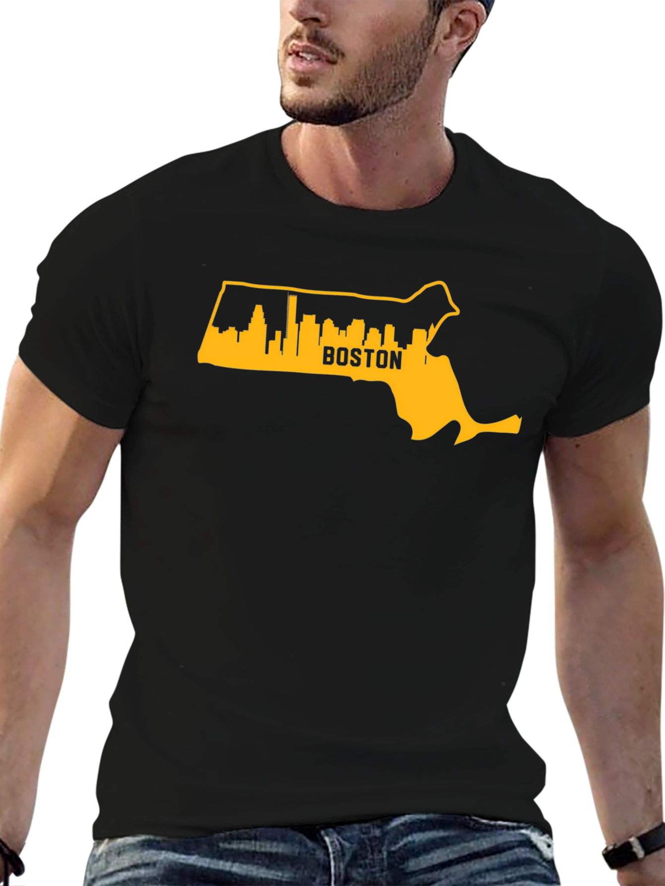 Boston MA Skyline Outline Mens Graphic T-Shirt