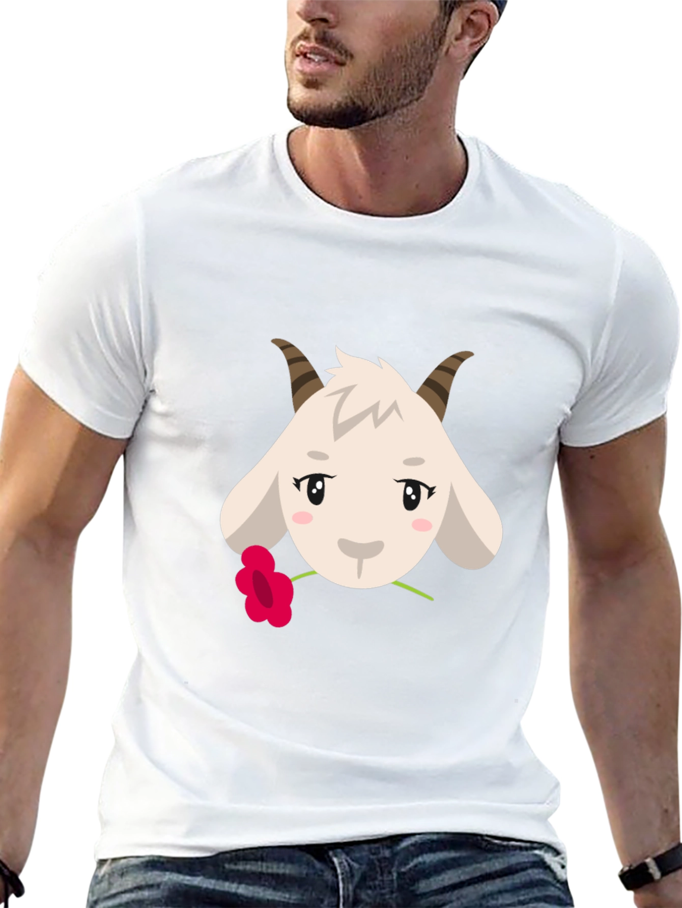 Cute Goat with Flower Graphic Tee - Black
