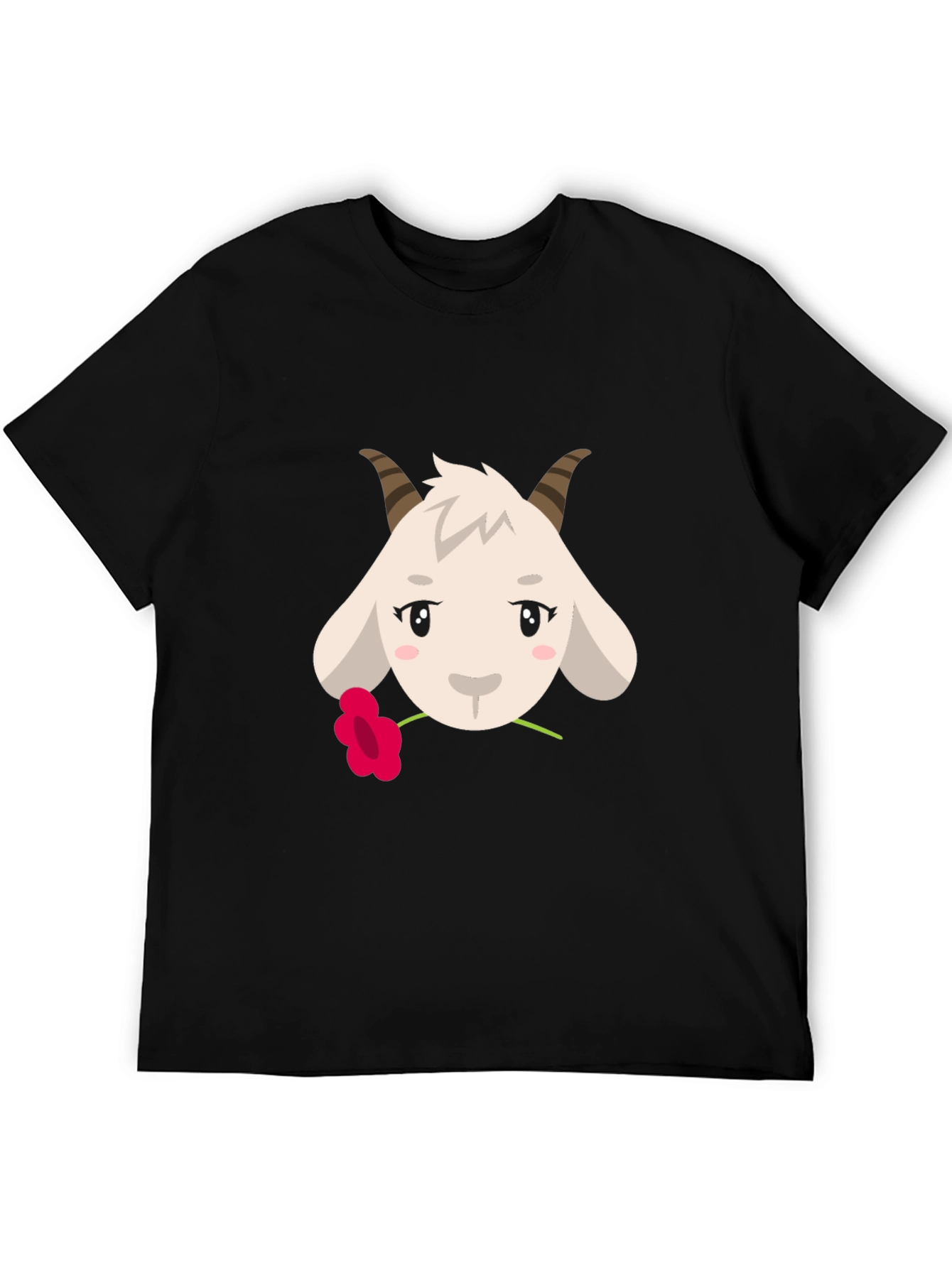 Cute Goat with Flower Graphic Tee - Black
