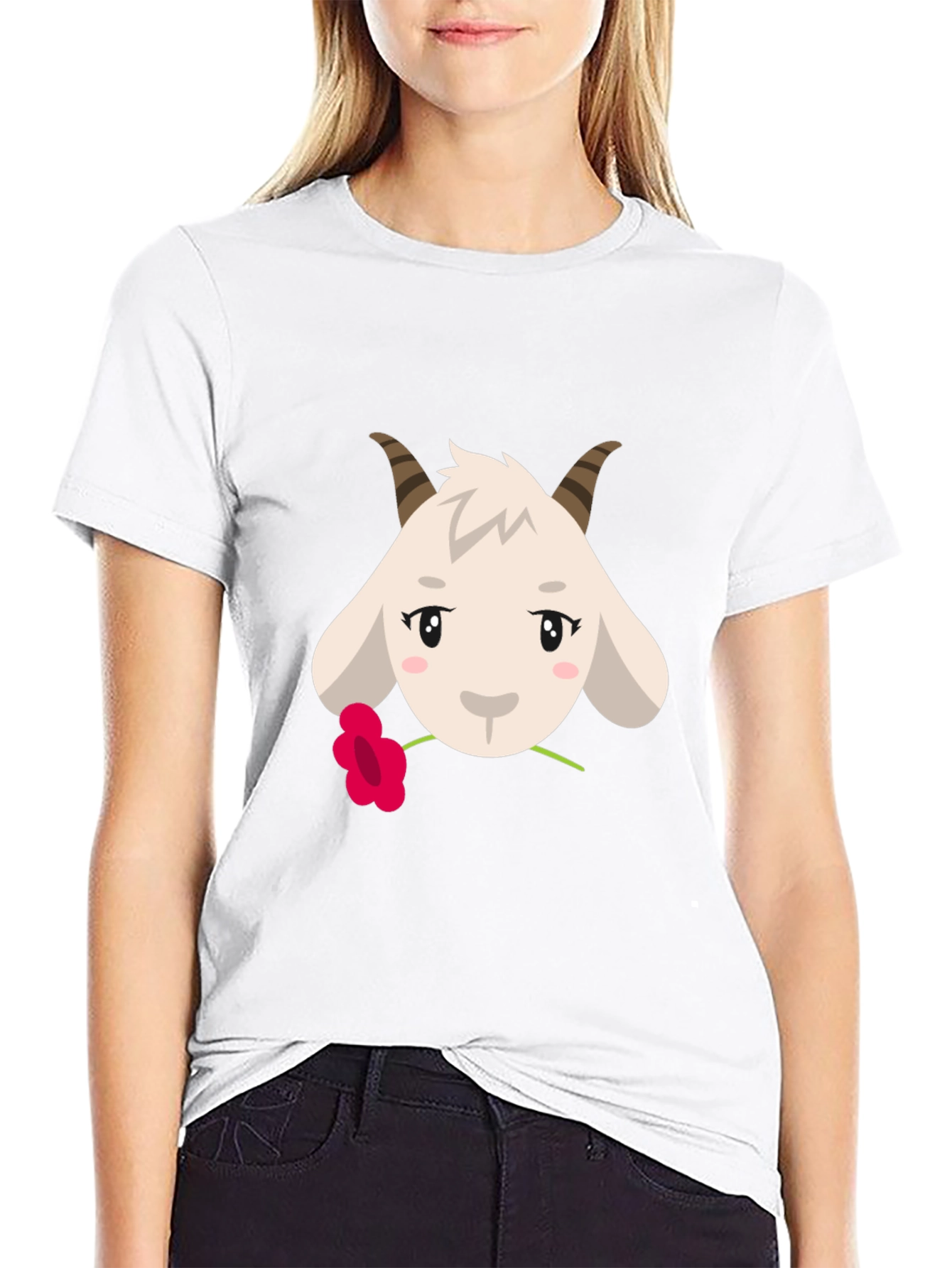 Cute Goat with Flower Graphic Tee - Black