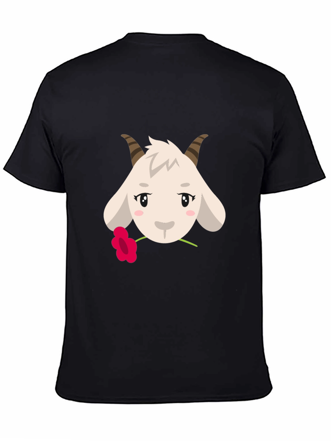 Cute Goat with Flower Graphic Tee - Black