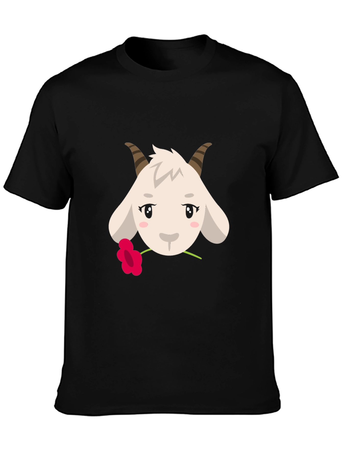 Cute Goat with Flower Graphic Tee - Black