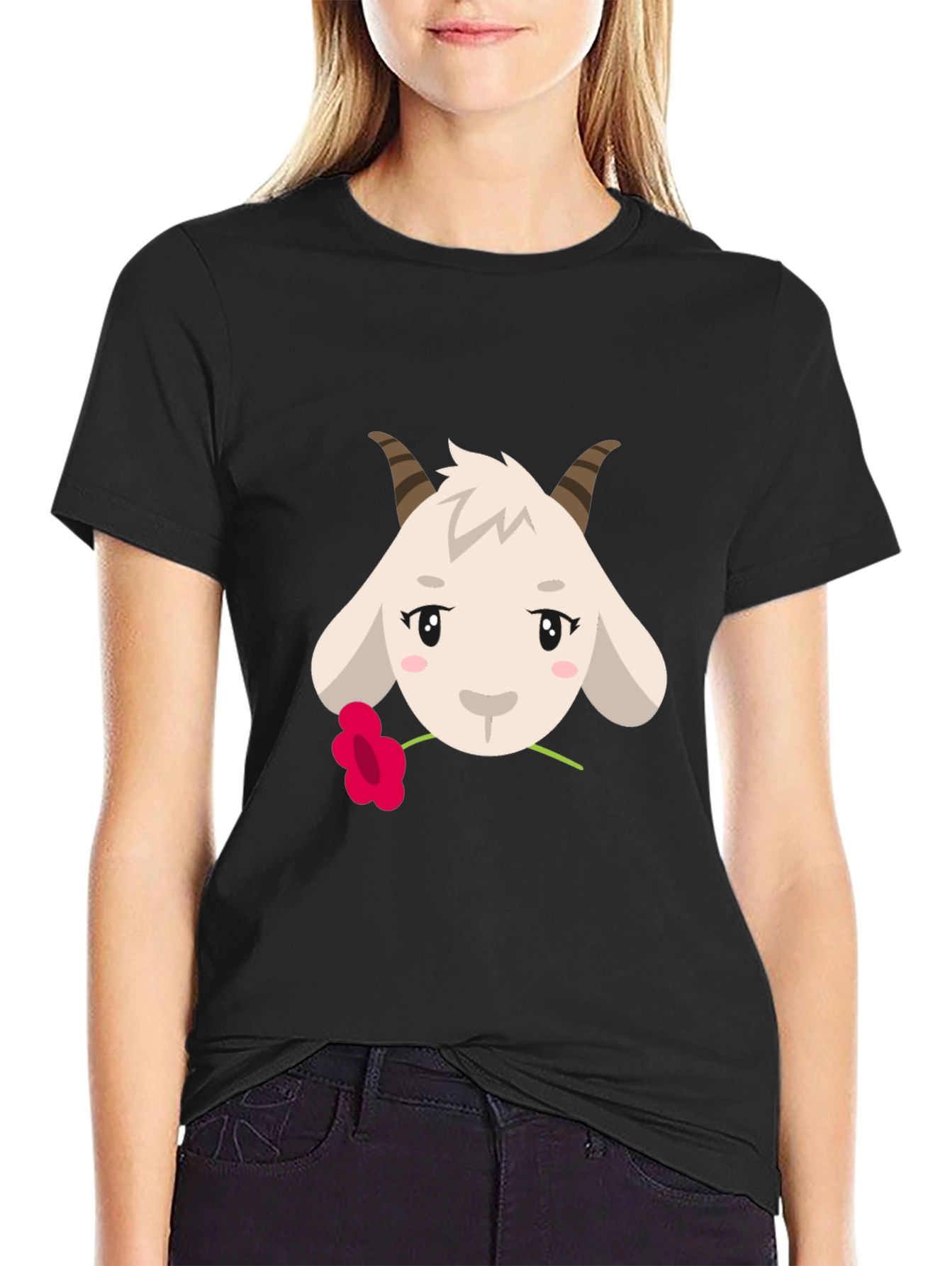 Cute Goat with Flower Graphic Tee - Black