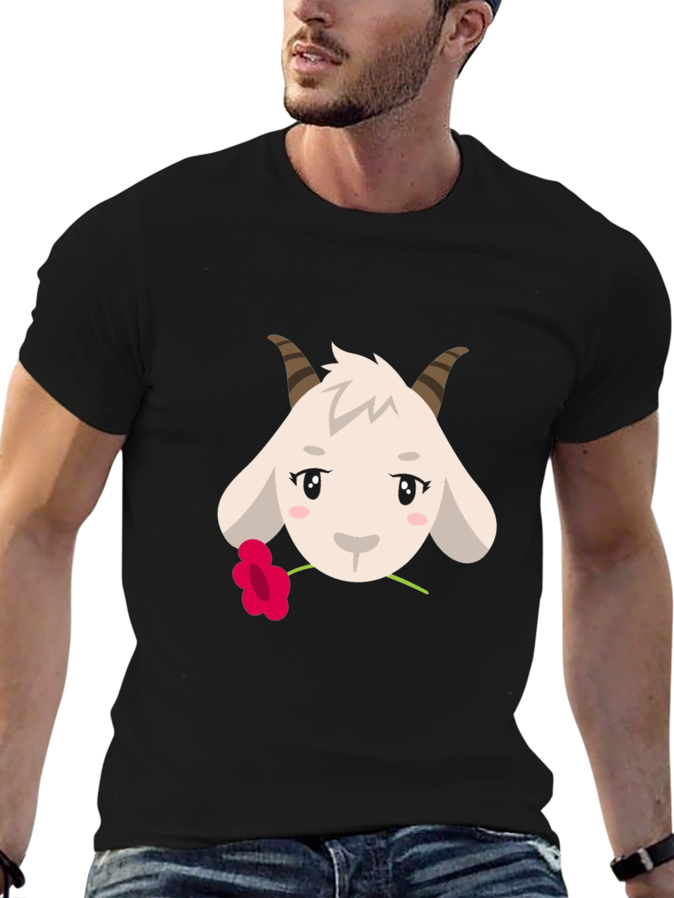 Cute Goat with Flower Graphic Tee - Black