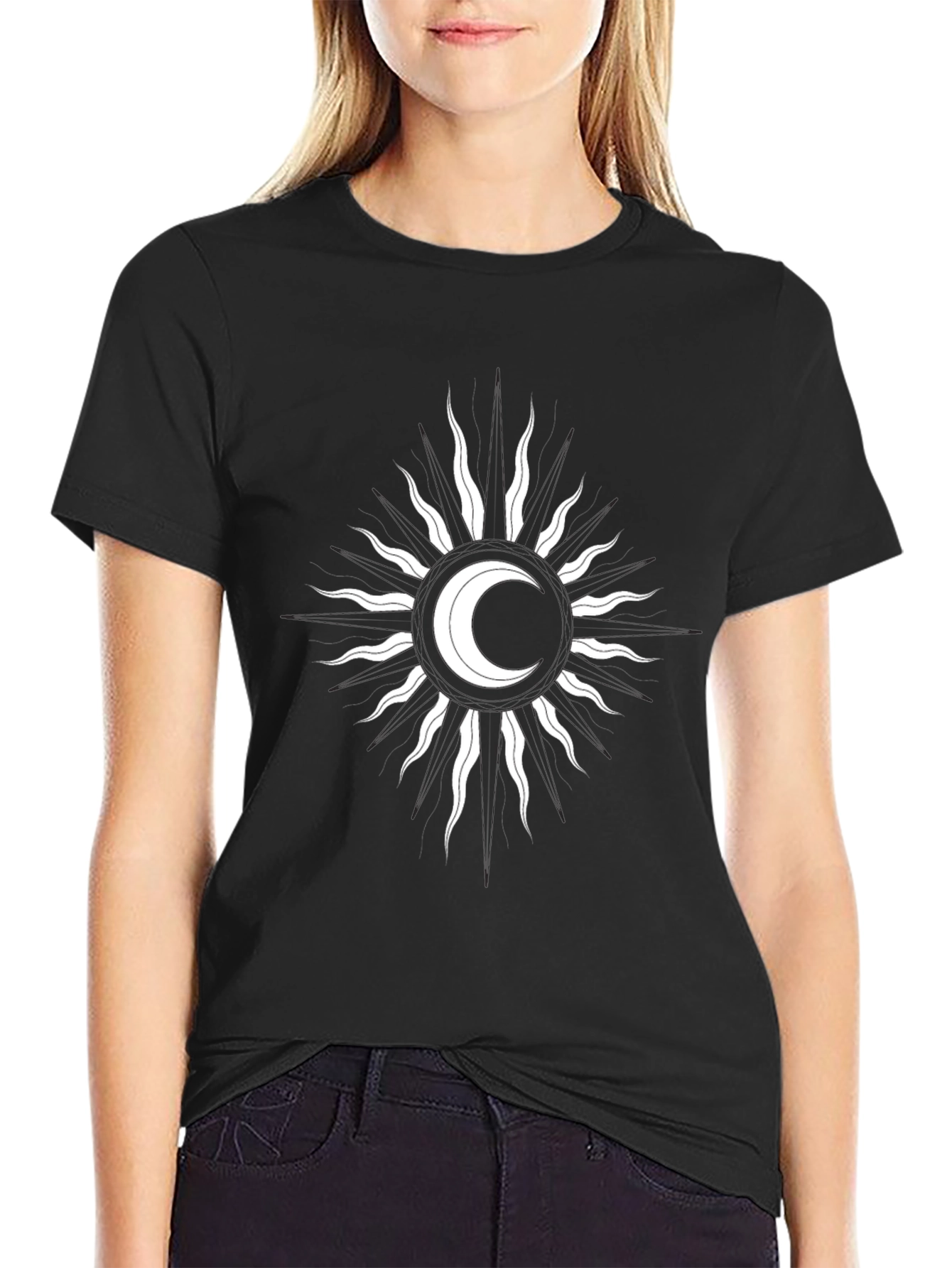 Celestial Moon & Sun Graphic Tee - Black Cotton T-Shirt