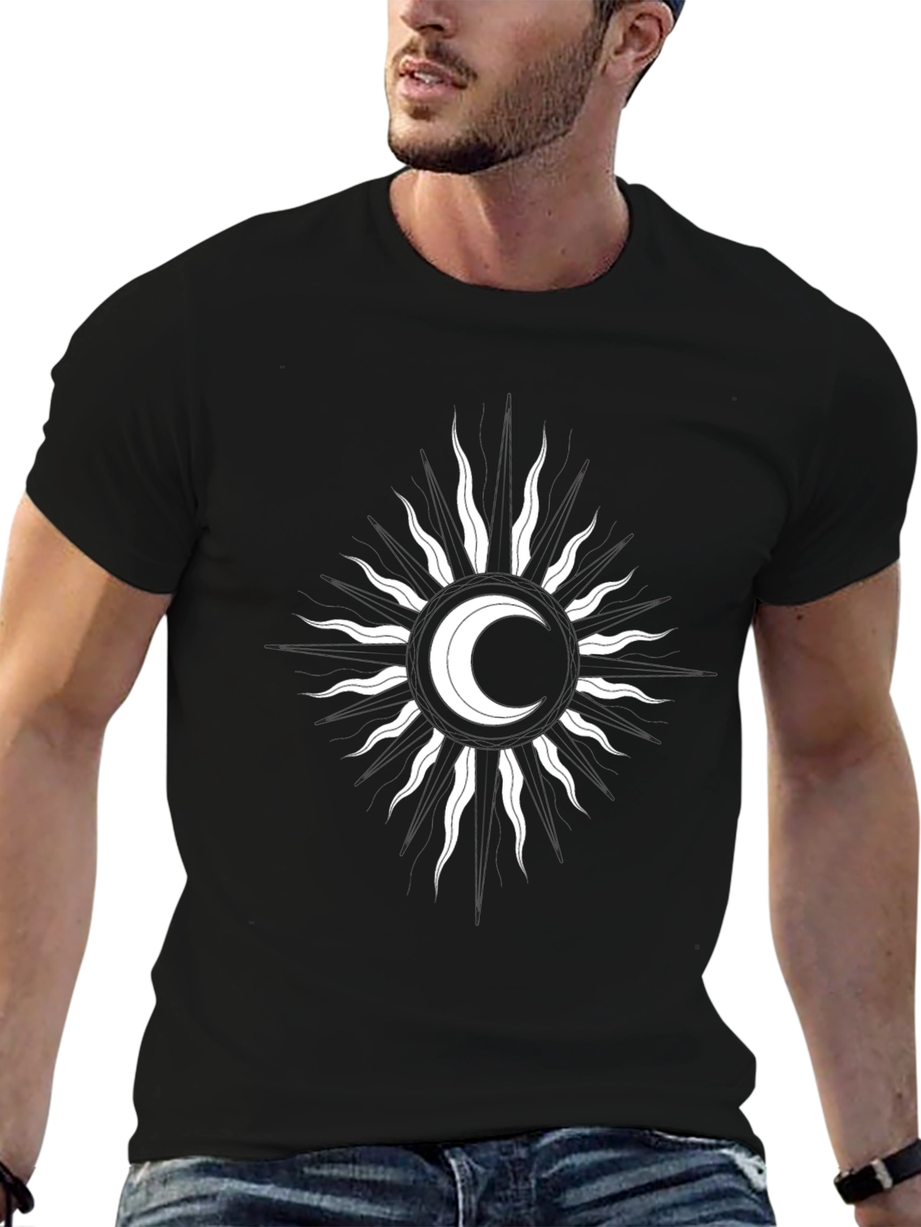 Celestial Moon & Sun Graphic Tee - Black Cotton T-Shirt