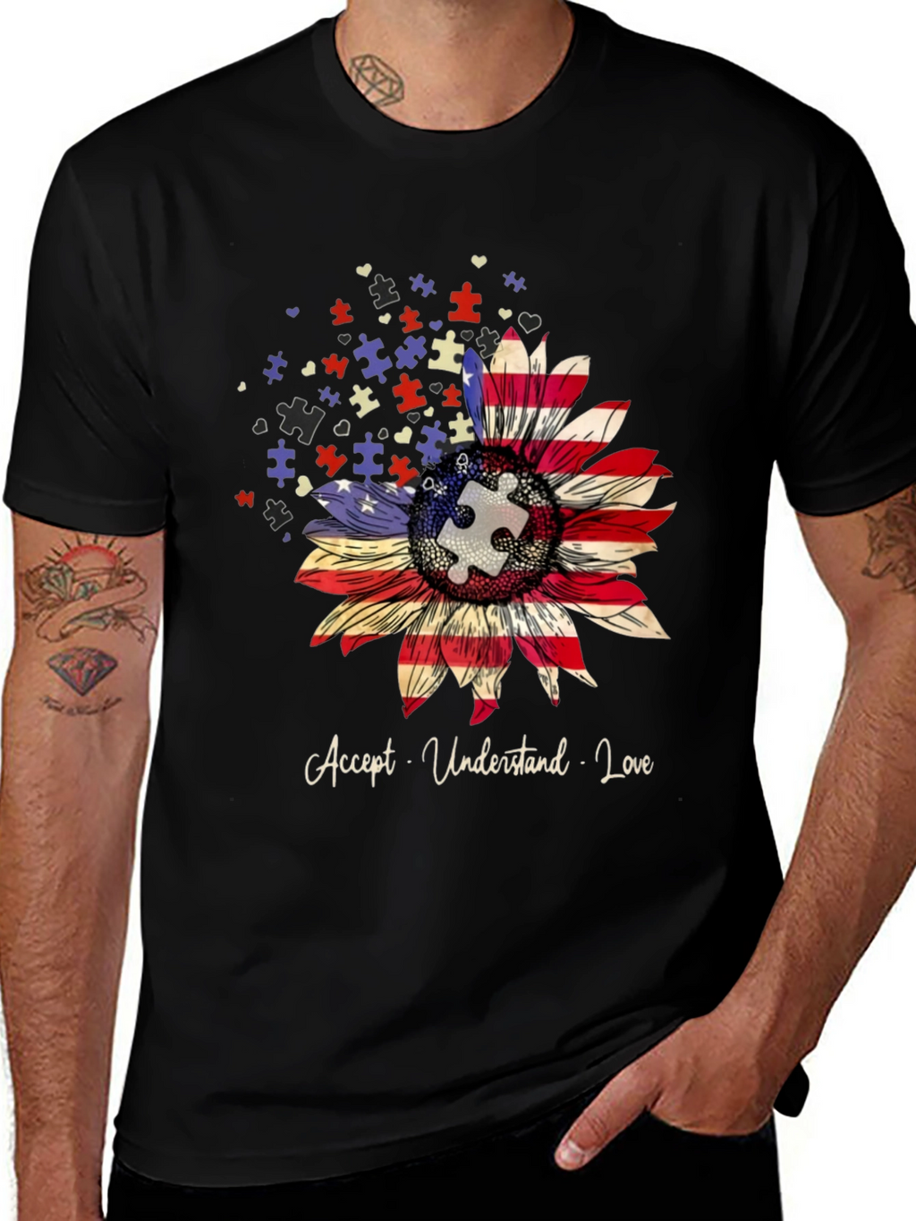 Autism Awareness USA Flag Sunflower T-Shirt