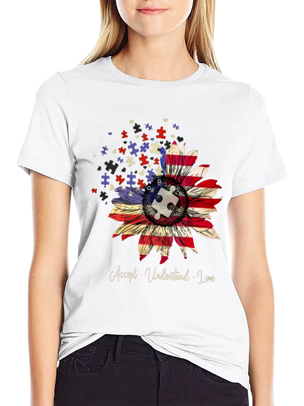 Autism Awareness USA Flag Sunflower T-Shirt