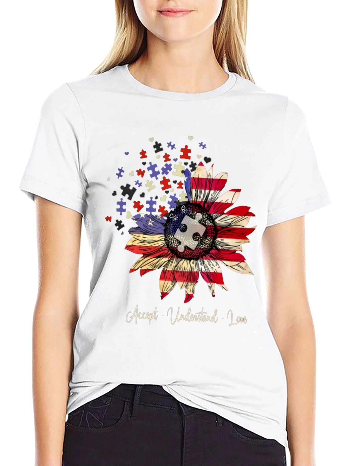 Autism Awareness USA Flag Sunflower T-Shirt
