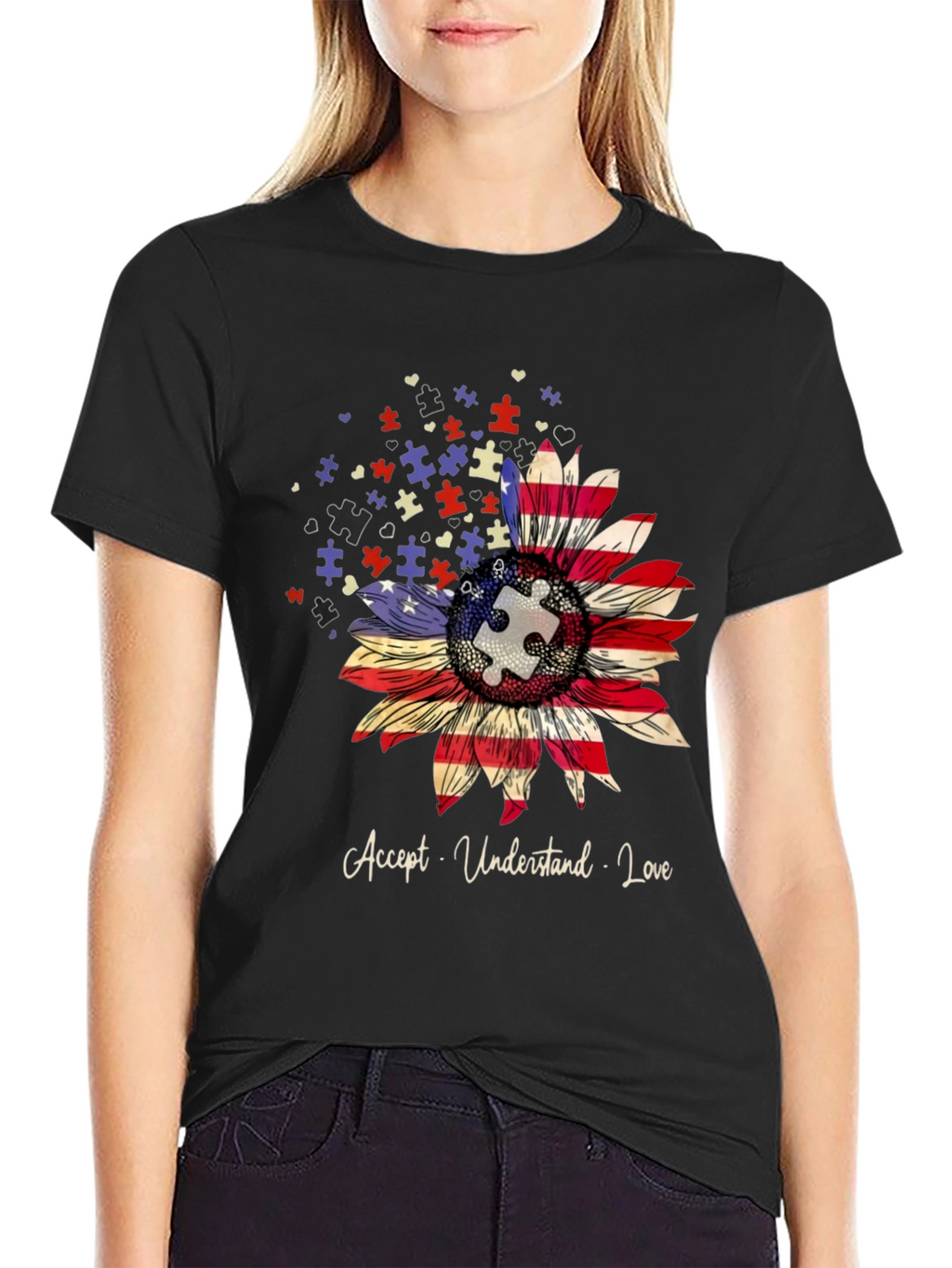 Autism Awareness USA Flag Sunflower T-Shirt